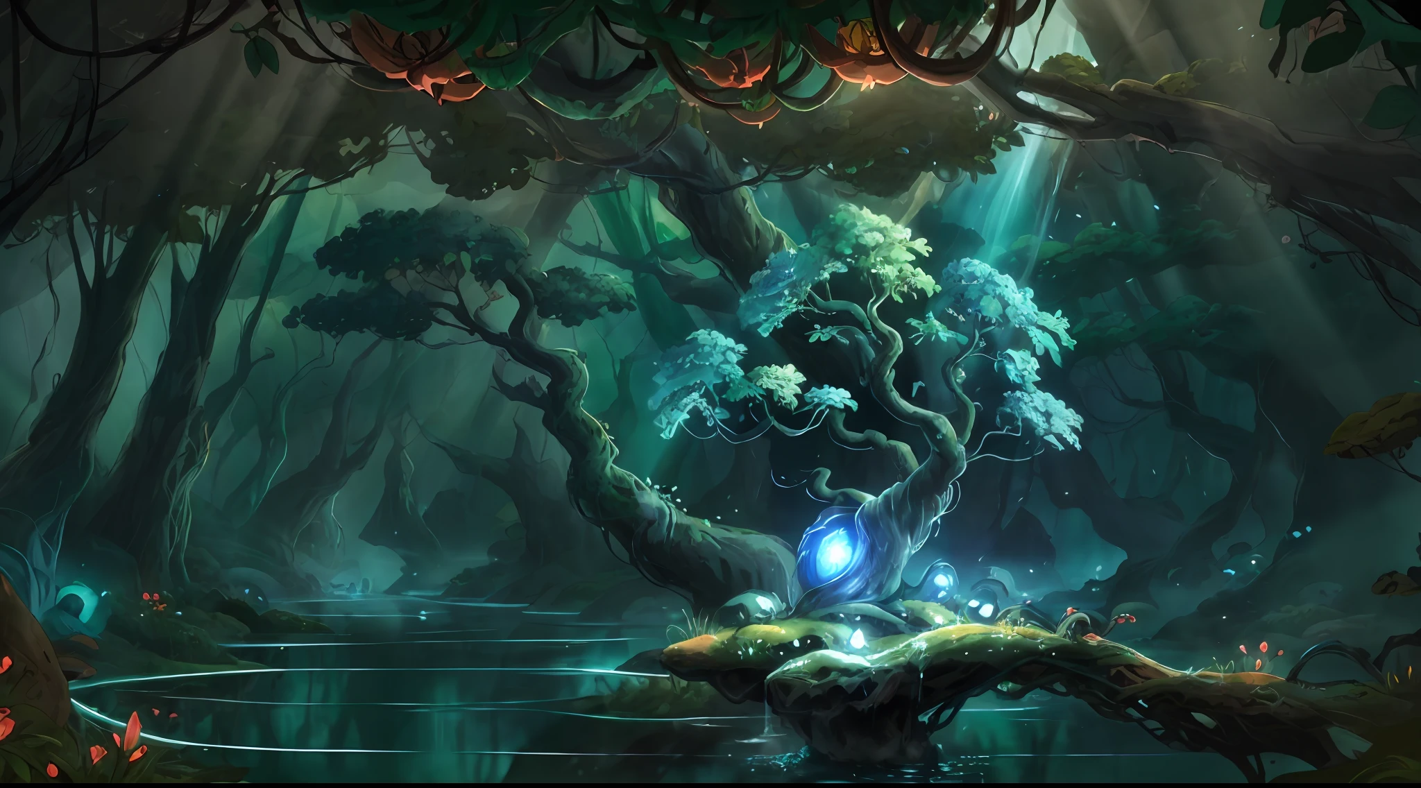 digitial painting, smooth, High quality, highly detailed sketch, magic, Flower Bridge, (Glowing balls:1.1) In the middle, (green forest:1.2), waterfallr, (spirit tree:1.1)