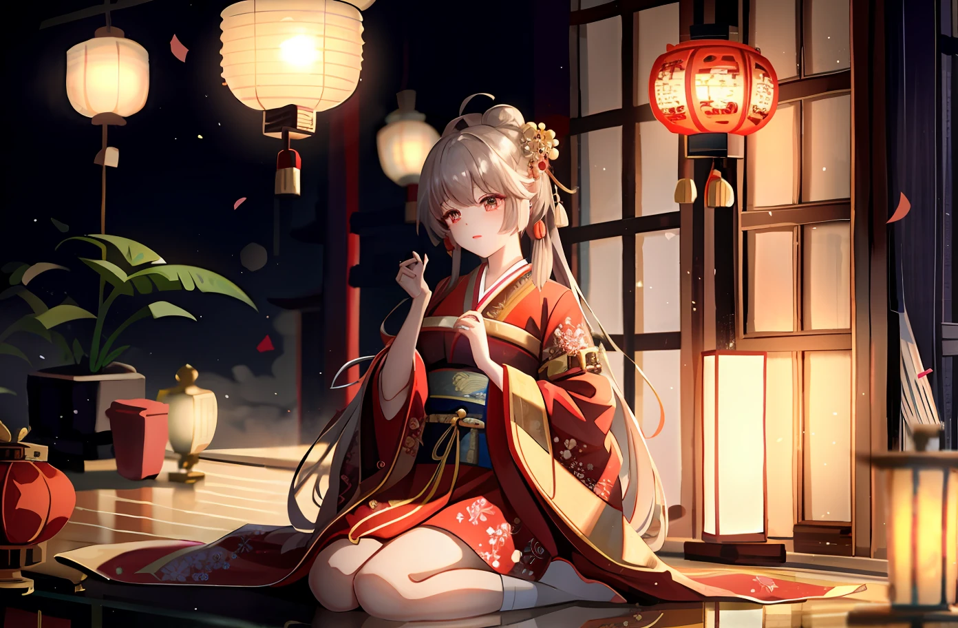 On the floor sits a woman in a kimono, Palace , A girl in Hanfu, Hanfu, Chinese costume, Japanese clothes, Anime girl cosplay, Japanese goddess, wearing gilded red robes, Japanese kimono, Chinese style, Chinese dress, red kimono, Chinese traditional, Wearing ancient Chinese clothes, with acient chinese clothes, Japanese art style, Anime goddess,show legs(Spread your legs a little),adolable