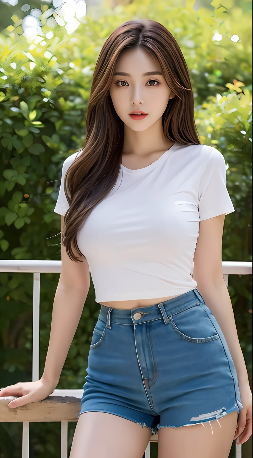 ((top quality, 8k, masterpiece: 1.3)), sensual woman, 1 girl, (slender figure: 1.2), dark brown hair, (outdoor, shirt, shorts: 1.1), ultra detailed face, detailed lips, detailed eyes, double eyelids, (huge breasts: 1.2)