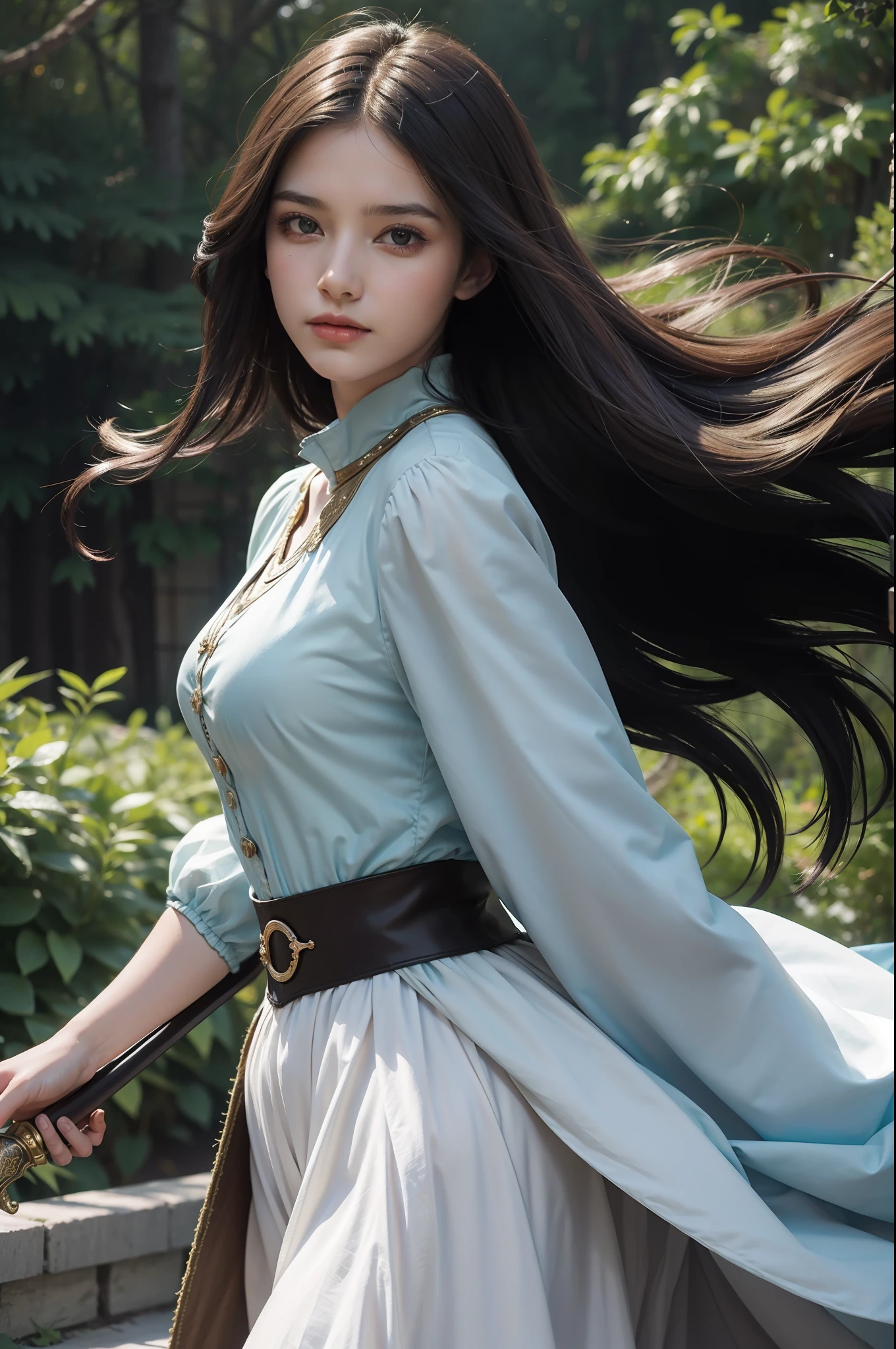 A beautiful two-dimensional illustration,A woman in a period costume in the picture,Holding a sword in hand,Contre-Jour,Hair and clothes move with the wind,glittery,best qualtiy,rich details