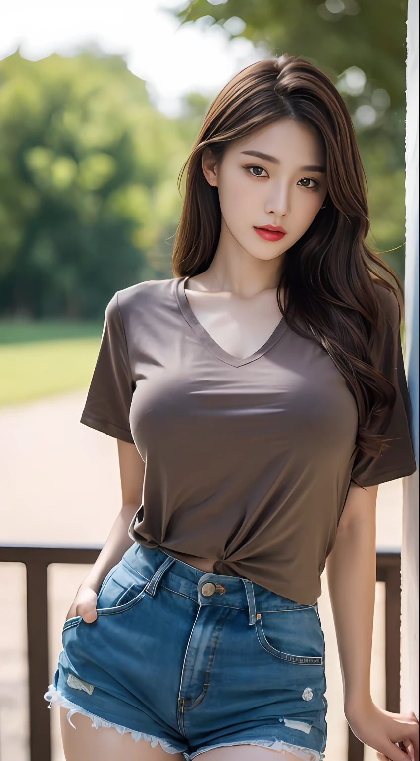 ((top quality, 8k, masterpiece: 1.3)), sensual woman, 1 girl, (slender figure: 1.2), dark brown hair, (outdoor, shirt, shorts: 1.1), ultra detailed face, detailed lips, detailed eyes, double eyelids, (huge breasts: 1.2)