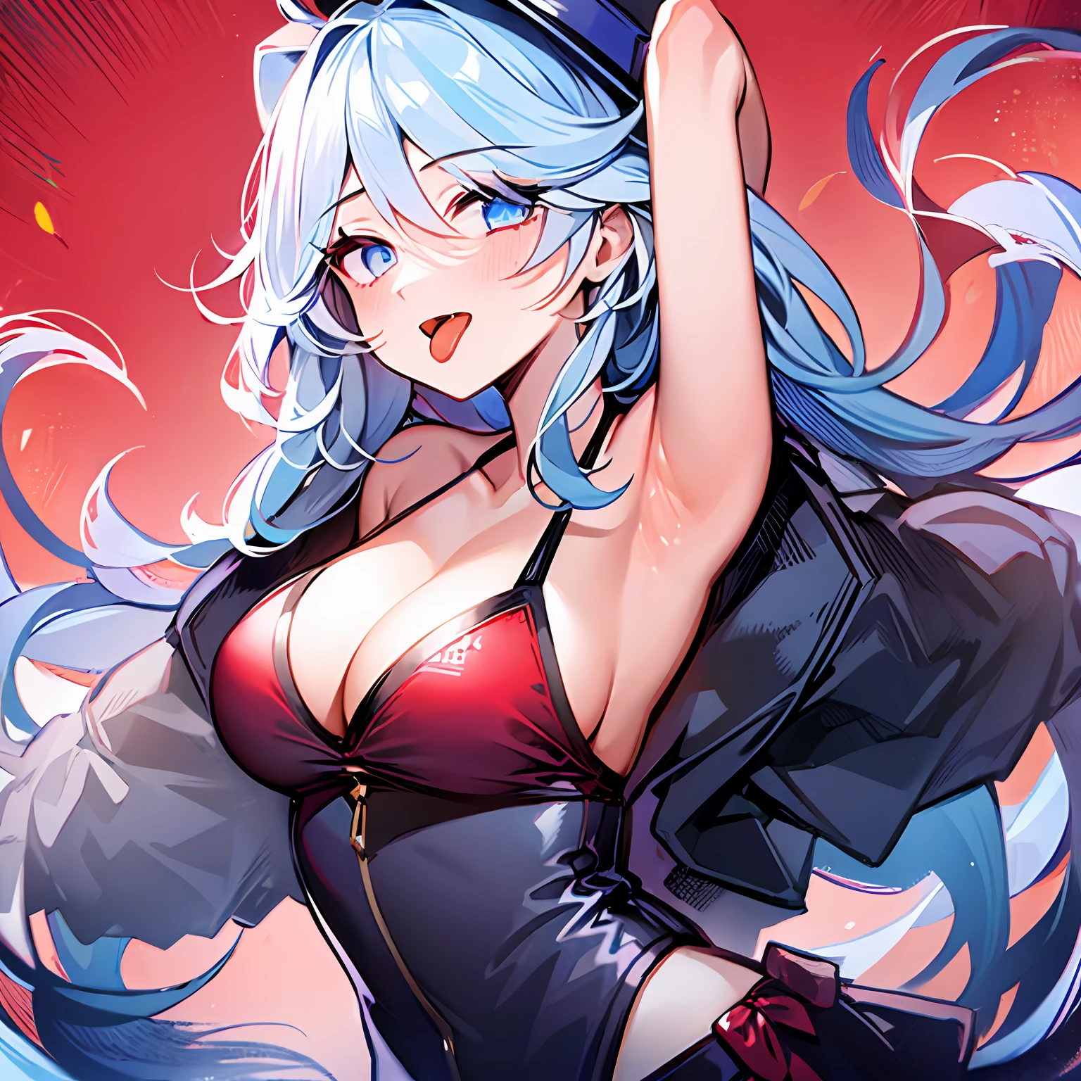 (((1girl))), hands up, long hair, tank-top, jacket, open shoulder, cowboy shot, bikini, medium breast, red background, open mouth, stick out her tongue out at viewers, red eyes, flushed, Focalors