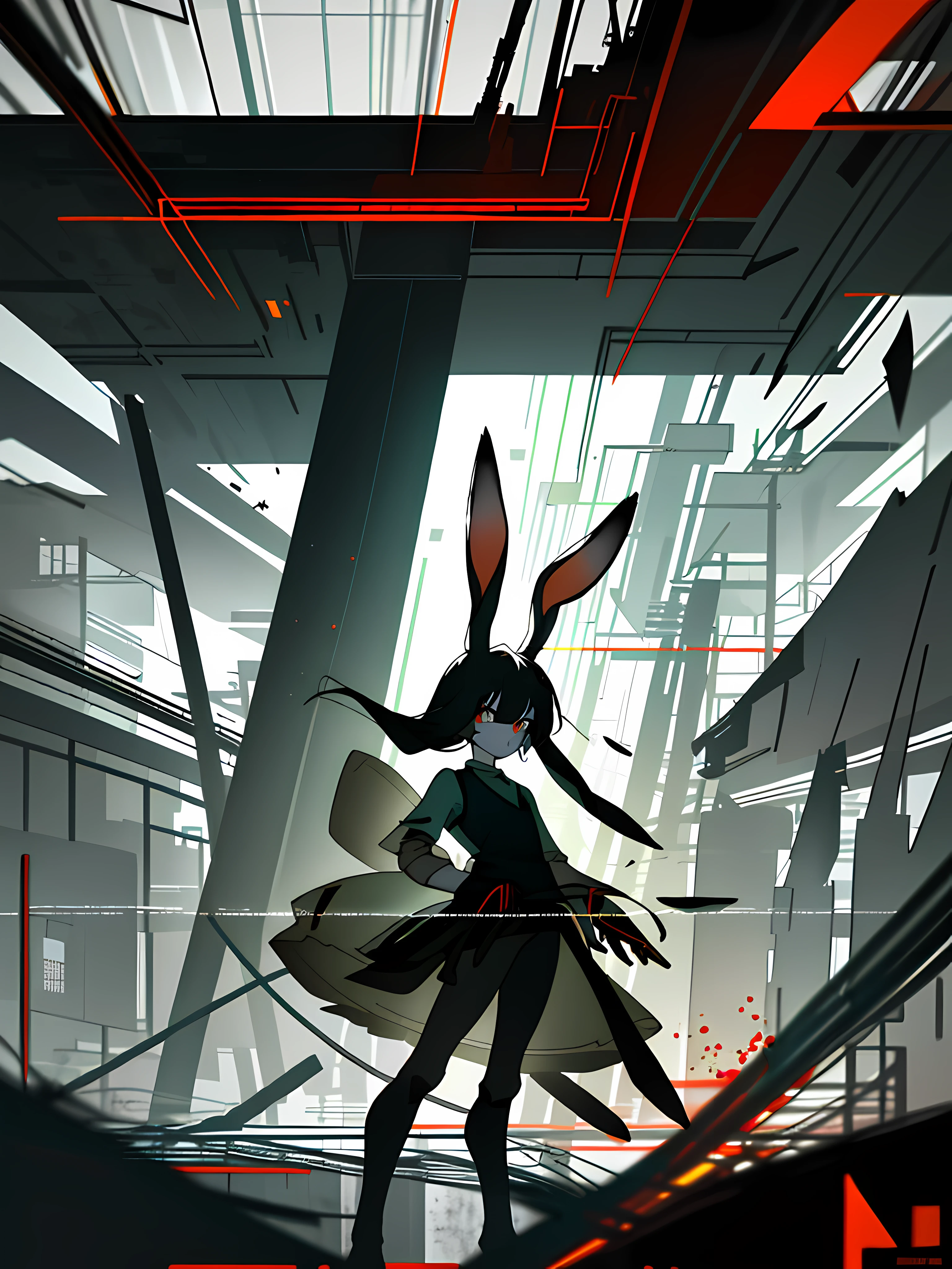 (blame! style abandoned tech landscape), (Zen, Amy Sol style), (underground, dark, foggy, perilous, abandoned dystopian apartment bedroom, deep windows), (abstract anthro rabbit figure wearing bunny ears), cover art with light abstraction, abstract, simple vector art, contemporary Cybernetic art, color gradients, soft color palettes, layered forms, whimsical animation, style Ethereal abstract, 4K, --v6