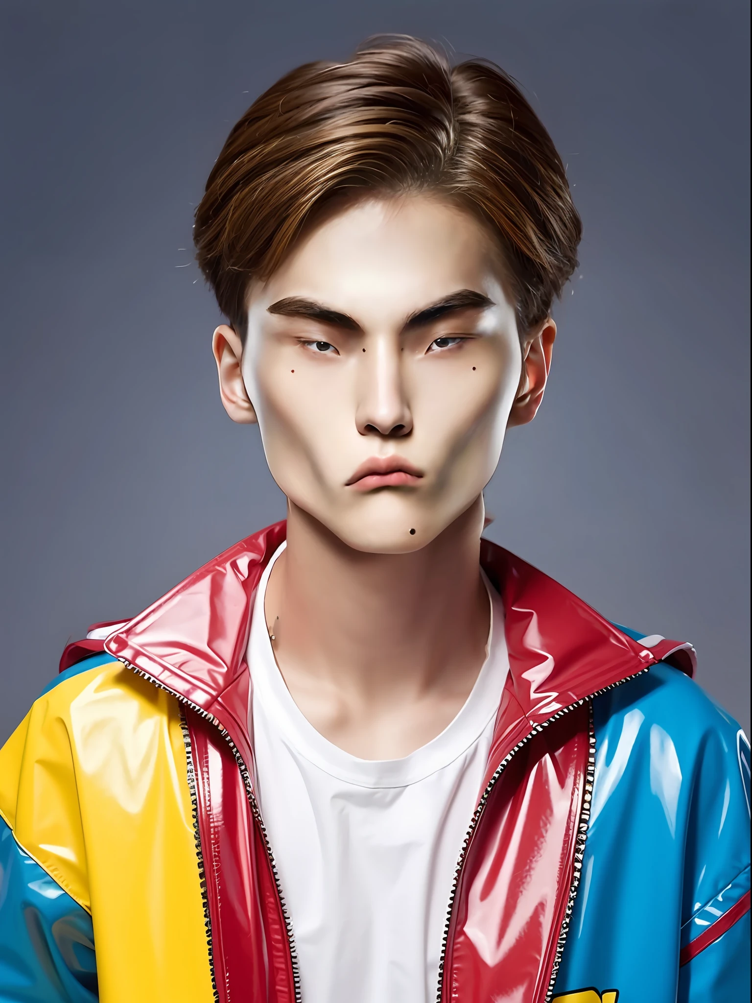 You're a 16-year-old high school boy,Wearing PVC yellow,Medium hair style