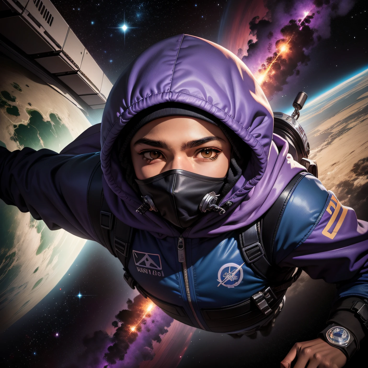 Dope, desenho animado, White teenager wearing thief's mask covering his face floating in outer space with his body under the effect of gravity, ambiente roxo, buracos negros tentando puxar ele, far from camera