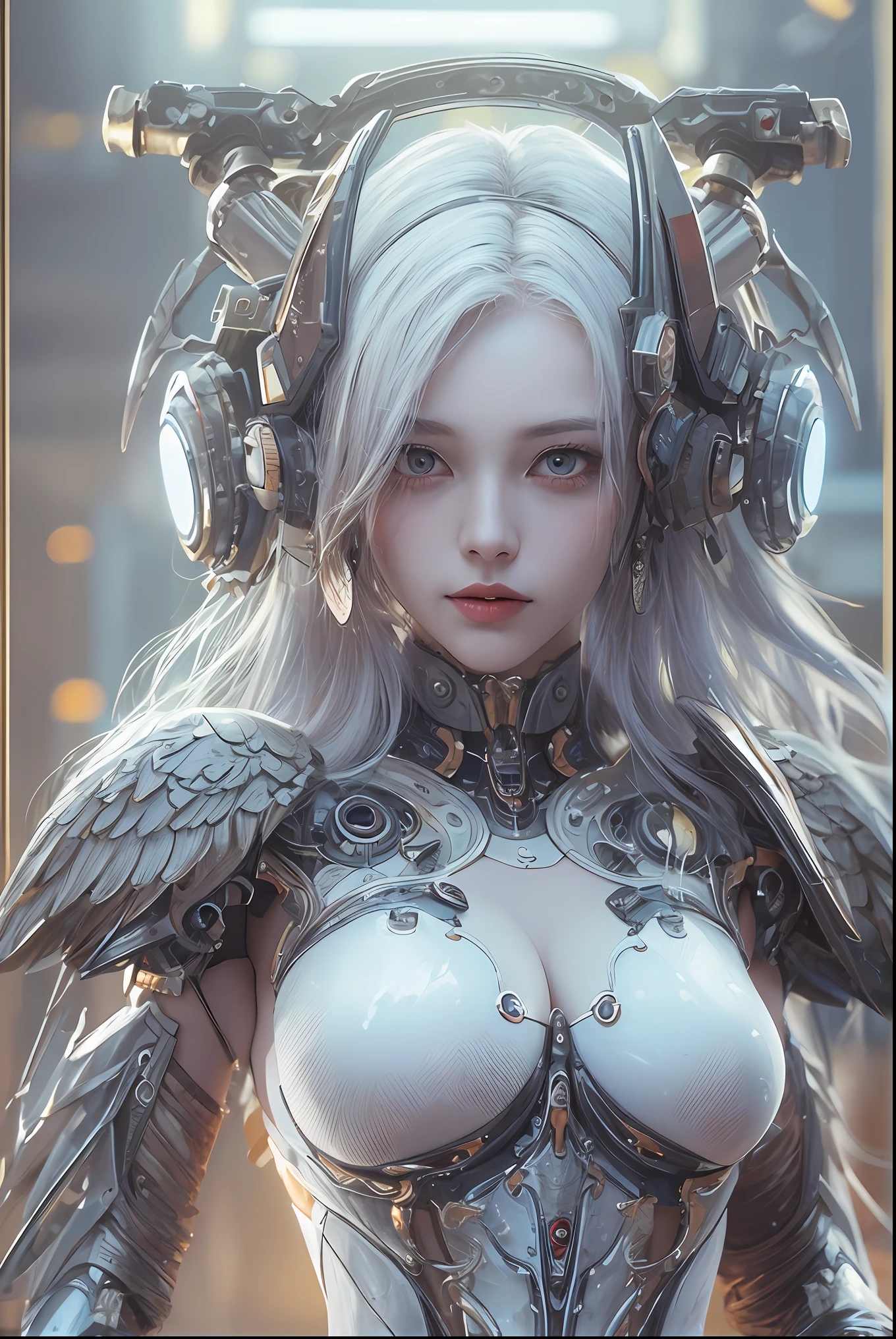 top-quality、masterpiece、超A high resolution、(Photorealsitic:1.4)、Raw photo、Cyborg Angel、large wings made of metal、White porcelain body、white hair、glowy skin、1 Cyborg Girl、((super realistic details))、portlate、globalillumination、Shadow、octan render、8K、ultrasharp、character edge light,Colossal tits、Raw skin is exposed in cleavage、Details of complex ornaments、Sumerian detailed hydraulic cylinders、Small LED lamp、highly intricate detail、Realistic light、a purple eye、radiant eyes、Facing the camera、neon details、cowboy shot、Futuristic headgear、About Cyberpunk、、
