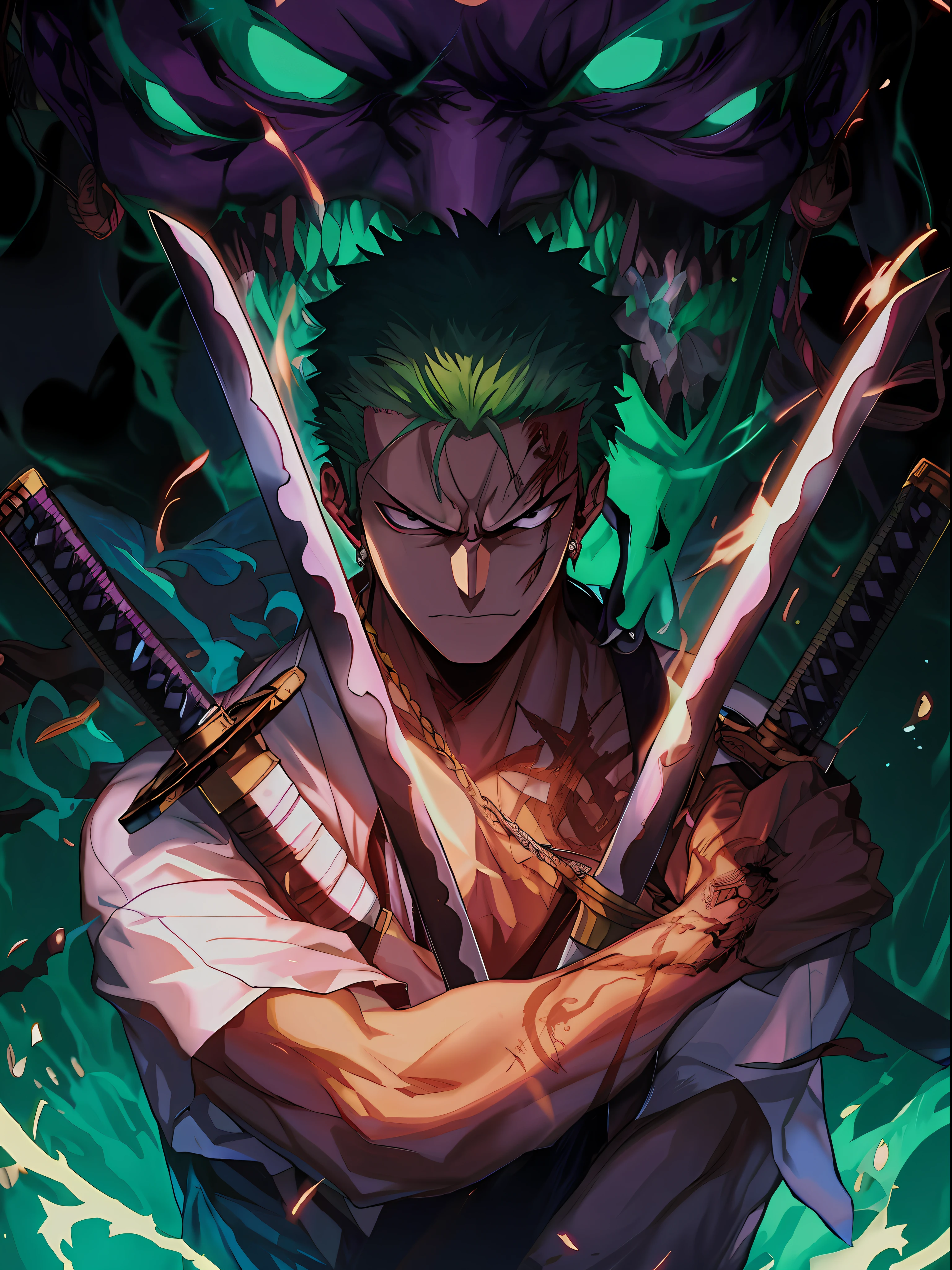 anime character with two swords in front of a demon, roronoa zoro, badass anime 8 k, anime epic artwork, 4 k manga wallpaper, anime wallpaper 4 k, anime wallpaper 4k, 4k anime wallpaper, anime wallaper, anime art wallpaper 4k, anime art wallpaper 4 k, anime masterpiece, anime style 4 k, anime art wallpaper 8 k