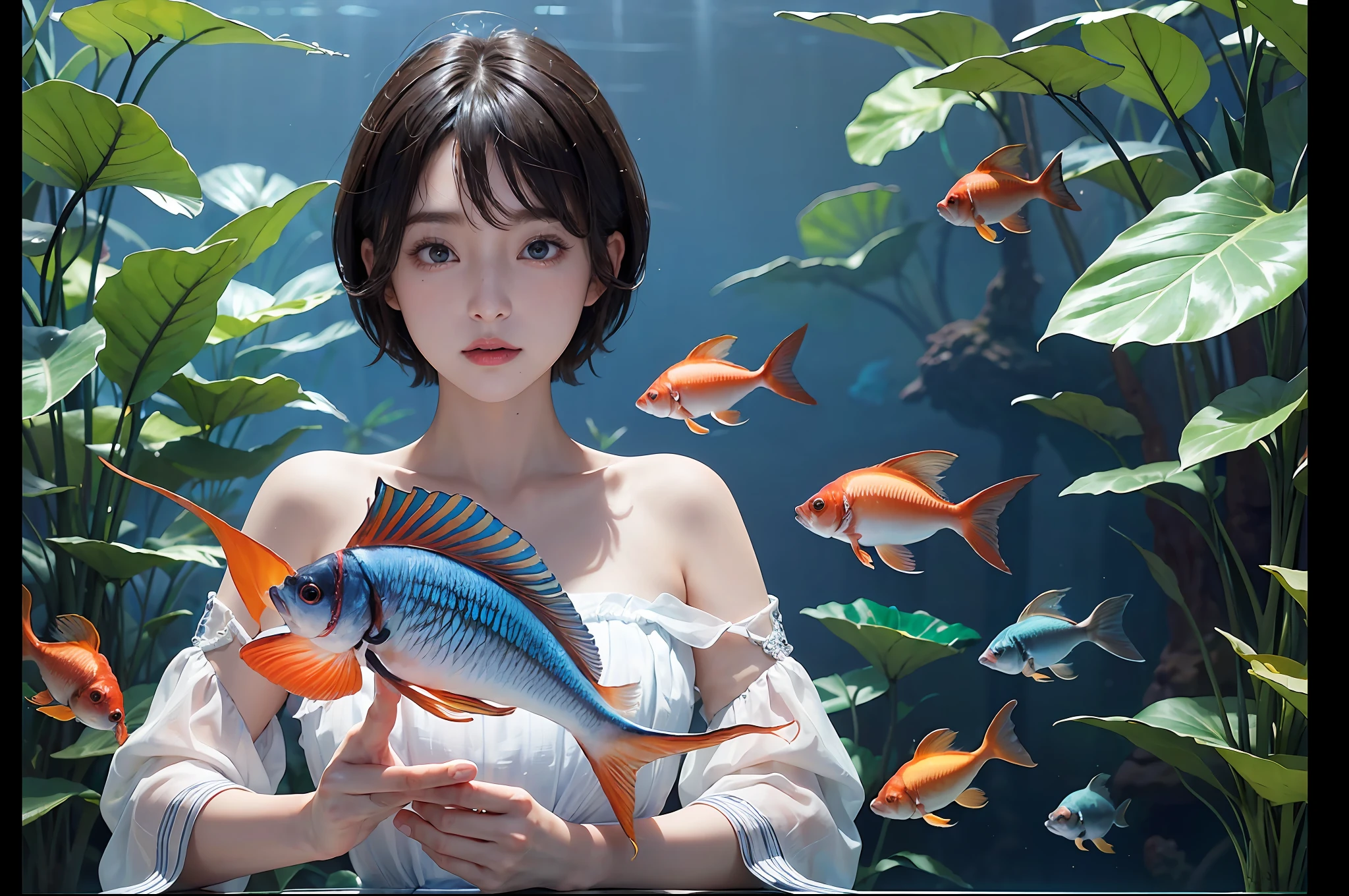 (((30-year-old woman with)))、((aquariums))、​masterpiece, 1 beautiful girls, (((very_Short_hair))), Eye details, Swollen eyes, Top image quality, 超A high resolution, (Realistis: 1.4), OriginalPhotographs, 1girl in, Cinematographic lighting, japanes, very beautif, Beautiful skins, (A hyper-realistic), (hight resolution), (8 K), (ighly detailed), (The best illustrations), (beautifully detailed eyes), (ultra-detailliert), A detailed face, look at a camera, Facing straight ahead, Neat Clothing, shorth hair、A dark-haired、46-point diagonal bangs、((aquariums))、Lots of fish、(((tropical fish)))