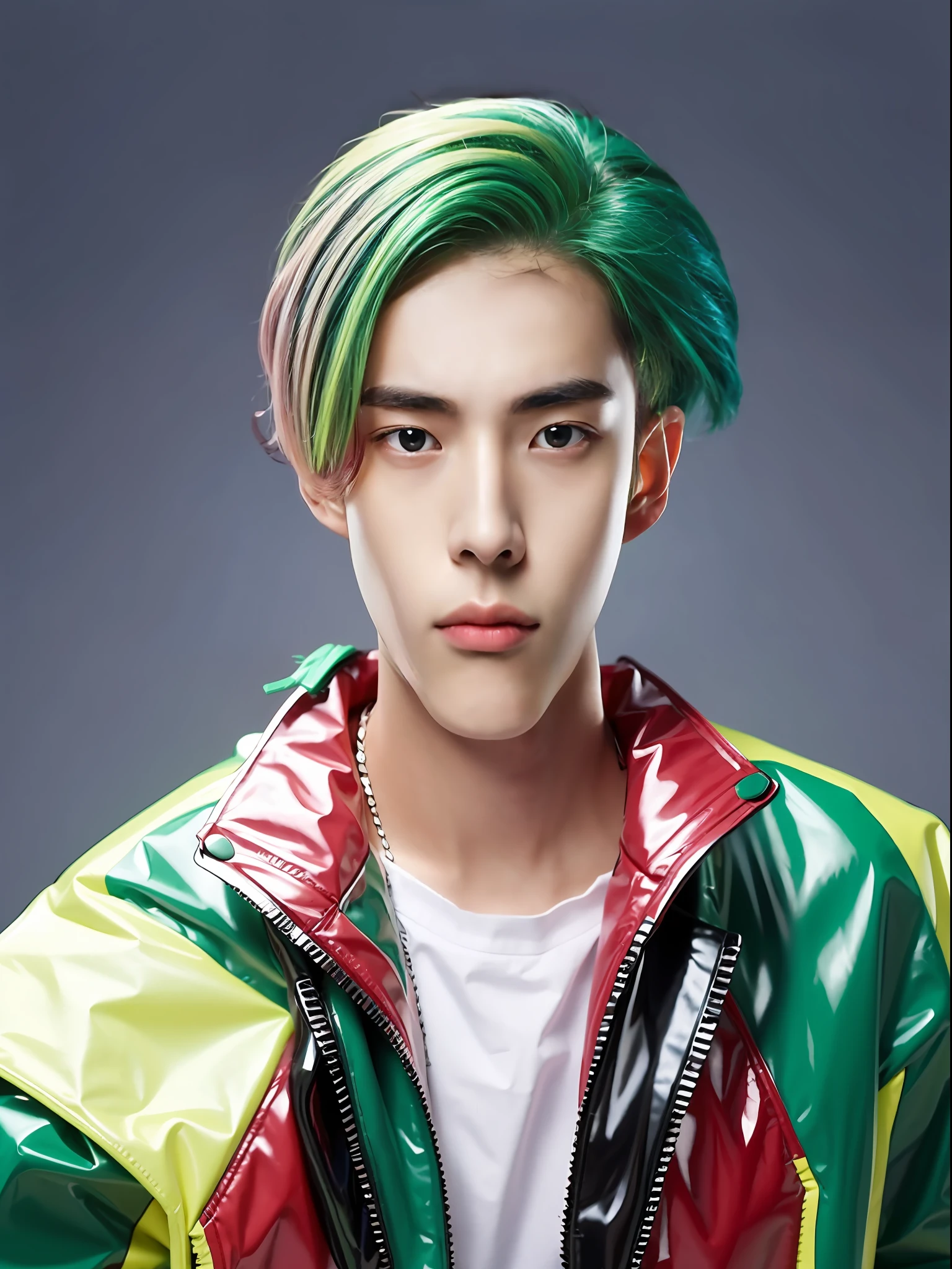 A -yeld mahigh school student,Wearing PVC yellow,Green hair
