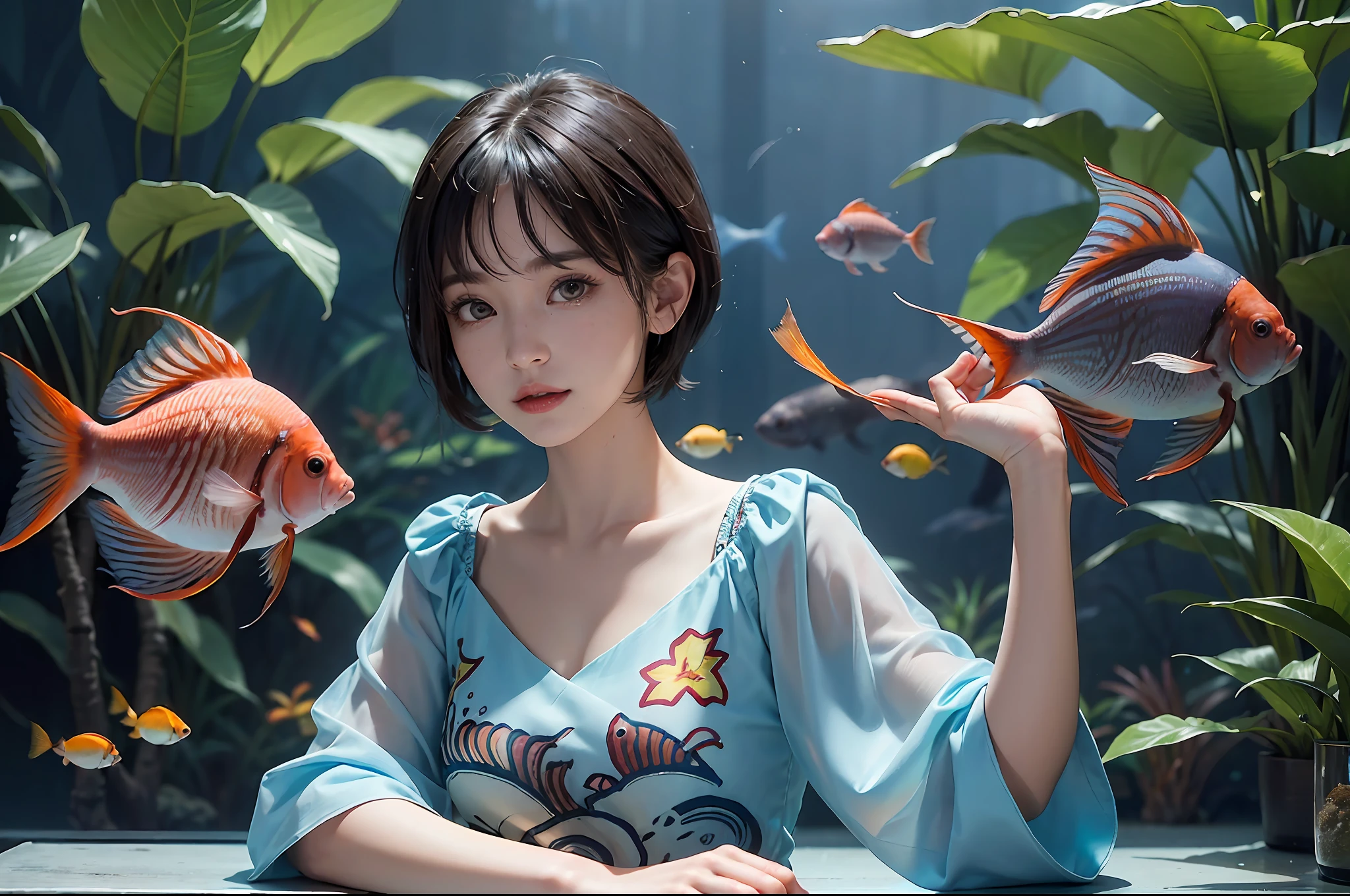(((30-year-old woman with)))、((aquariums))、masterpiece, 1 beautiful girls, (((very_Short_hair))), Eye details, Swollen eyes, Top image quality, 超A high resolution, (Realistis: 1.4), OriginalPhotographs, 1girl in, Cinematographic lighting, japanes, very beautif, Beautiful skins, (A hyper-realistic), (hight resolution), (8 K), (ighly detailed), (The best illustrations), (beautifully detailed eyes), (ultra-detailliert), A detailed face, look at a camera, Facing straight ahead, Neat Clothing, shorth hair、A dark-haired、46-point diagonal bangs、((aquariums))、Lots of fish、(((tropical fish)))