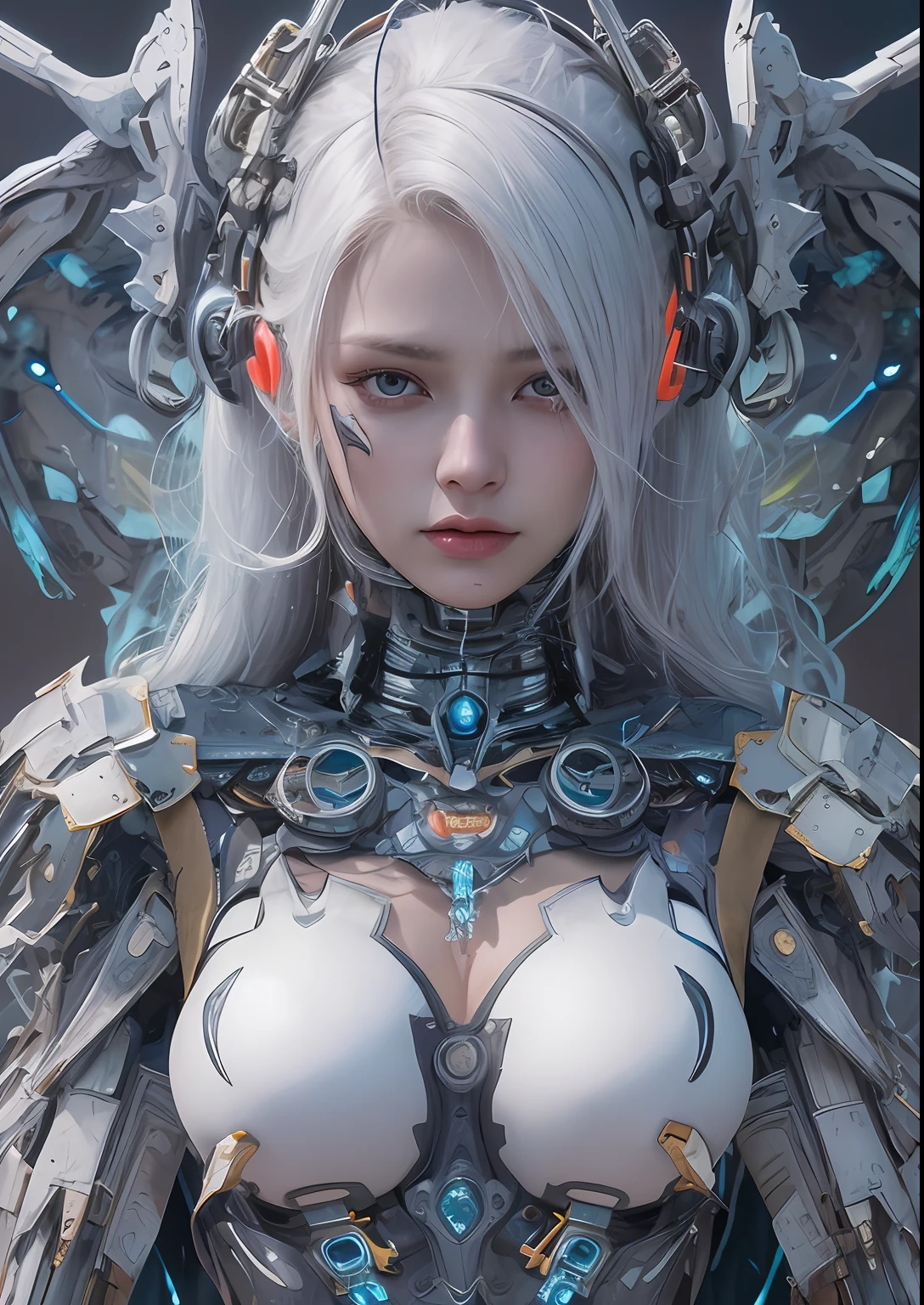 top-quality、masterpiece、超A high resolution、(Photorealsitic:1.4)、Raw photo、Cyborg Angel、large wings made of metal、White porcelain body、white hair、glowy skin、1 Cyborg Girl、((super realistic details))、portlate、globalillumination、Shadow、octan render、8K、ultrasharp、character edge light,Colossal tits、Raw skin is exposed in cleavage、Details of complex ornaments、Sumerian detailed hydraulic cylinders、Small LED lamp、highly intricate detail、Realistic light、a purple eye、radiant eyes、Facing the camera、neon details、cowboy shot、Futuristic headgear、About Cyberpunk、、