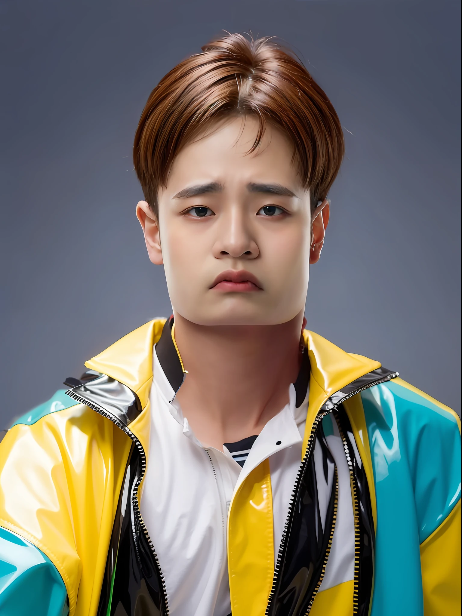 A 16-year-old male high school student,Wearing PVC yellow,Medium hair style