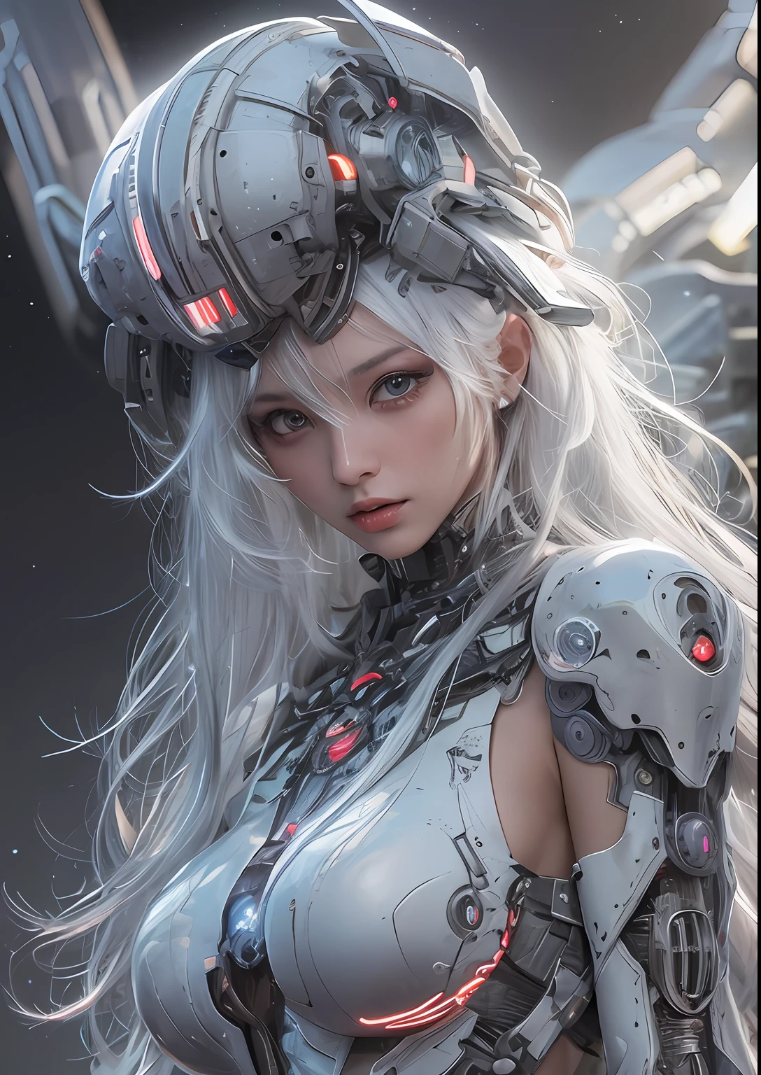 top-quality、​masterpiece、超A high resolution、(Photorealsitic:1.4)、Raw photo、Cyborg Angel、large wings made of metal、White porcelain body、white  hair、glowy skin、1 Cyborg Girl、((super realistic details))、portlate、globalillumination、Shadow、octan render、8K、ultrasharp、character edge light,Colossal tits、Raw skin is exposed in cleavage、Details of complex ornaments、Sumerian detailed hydraulic cylinders、Small LED lamp、highly intricate detail、Realistic light、a purple eye、radiant eyes、Facing the camera、neon details、cowboy  shot、Futuristic headgear、About Cyberpunk、、