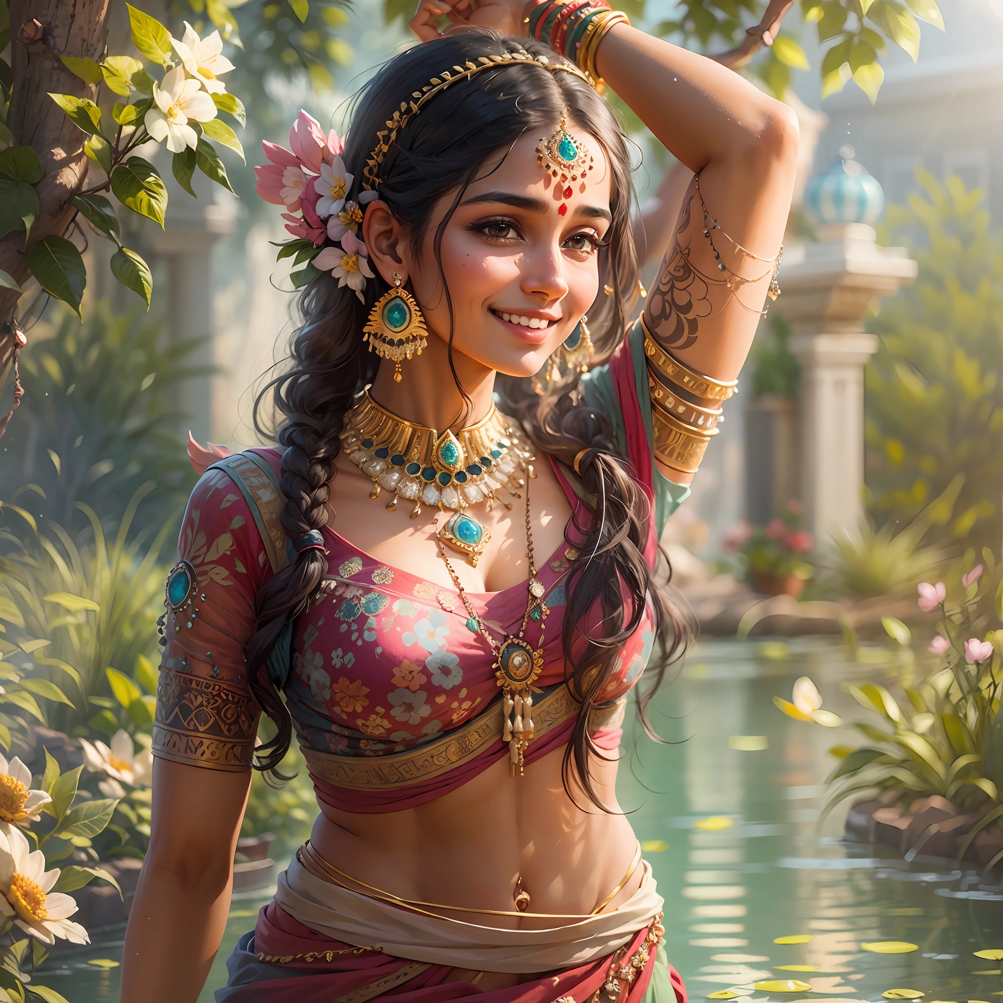 Young Indian girl, delicate and beautiful girl, gentle smile, Dance, Women's jewelry, Ornaments, Tatoo, sari, Indian Garden, Sunny day, water, Flowers, hyper realisitc, hyper-detailing, 8K