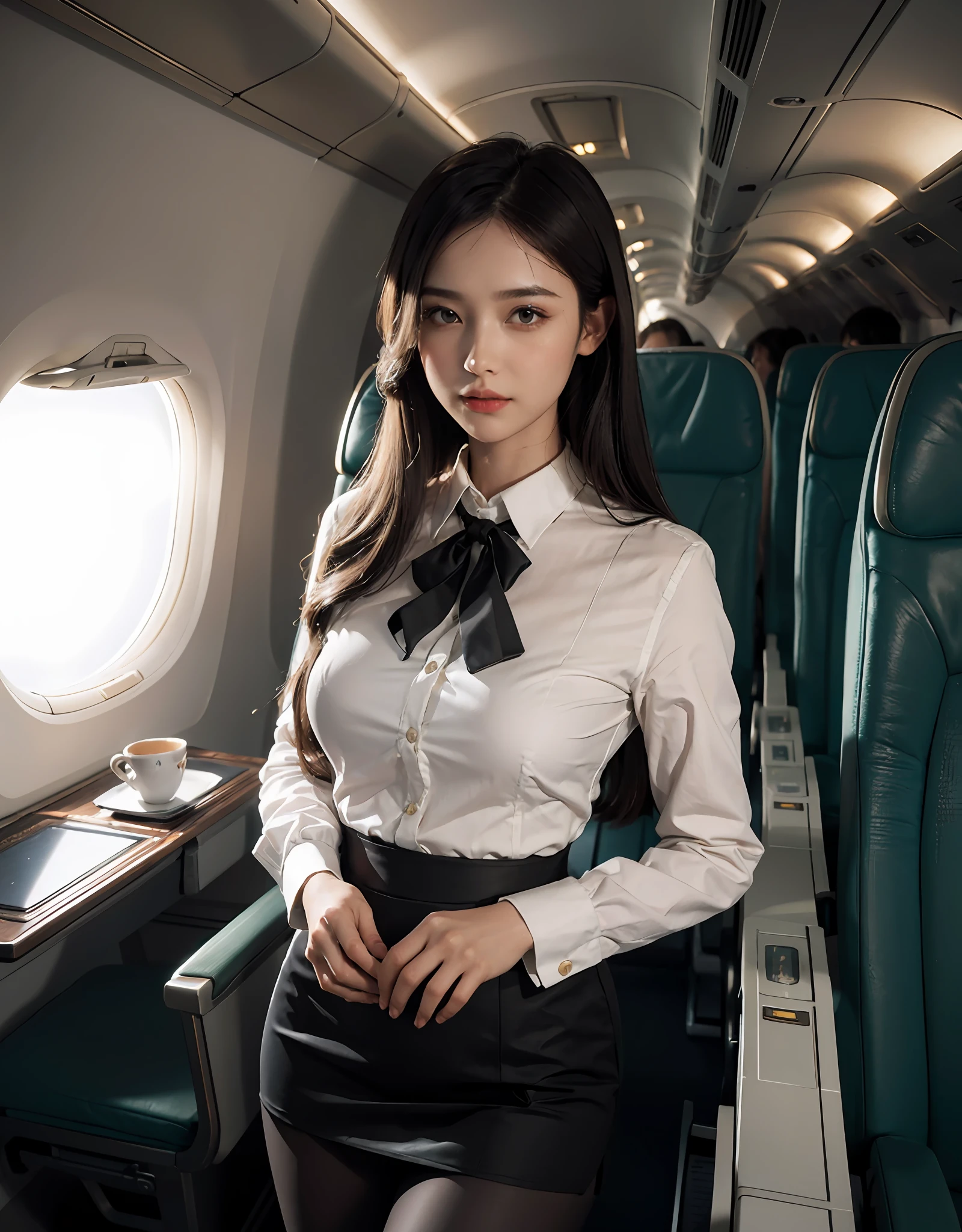 best quality, masterpiece, 8k, ultra high res, (photorealistic:1.4), highly detailed, intricate detail, delicate and beautiful, good lighting, professional lighting, sharp focus, detailed shadows, exquisite details and textures, depth of field, unity 8k wallpaper, cinematic composition, cinematic lighting, official art, Cabin Crew, flight attendant, black pantyhose, (aircraft, (Aircraft Corridor), Aircraft seats) beautiful elegant face, detailed face, detailed eyes, realistic hair, long hair, (1girl), (standing:1.3),