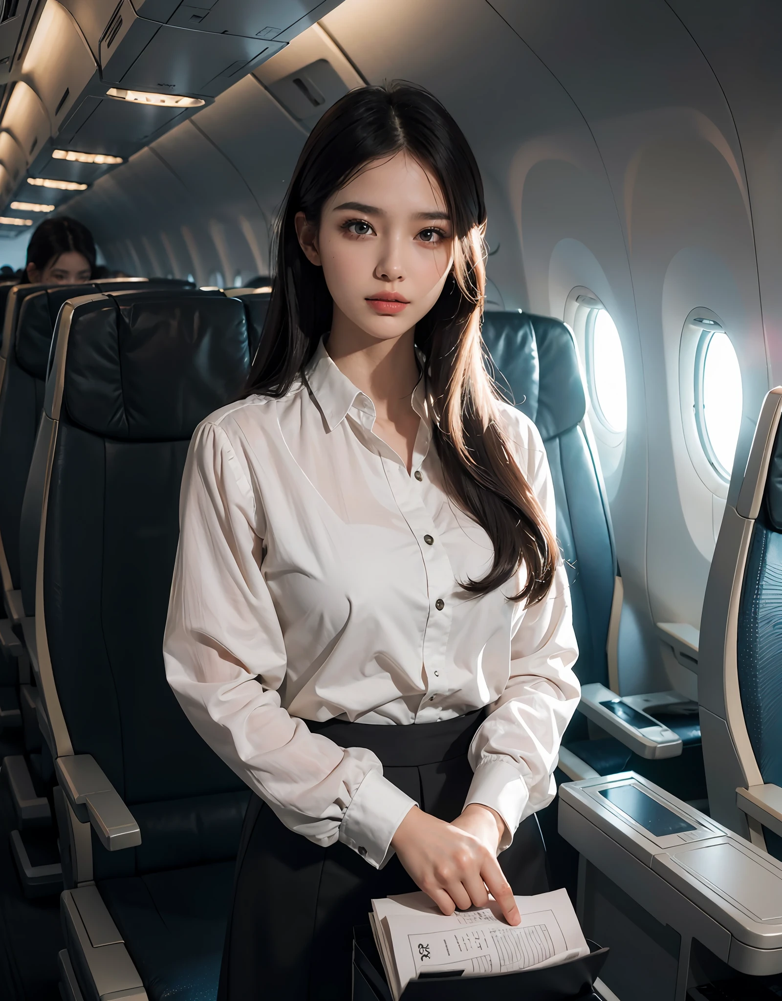 best quality, masterpiece, 8k, ultra high res, (photorealistic:1.4), highly detailed, intricate detail, delicate and beautiful, good lighting, professional lighting, sharp focus, detailed shadows, exquisite details and textures, depth of field, unity 8k wallpaper, cinematic composition, cinematic lighting, official art, Cabin Crew, flight attendant, black pantyhose, (aircraft, (Aircraft Corridor), Aircraft seats) beautiful elegant face, detailed face, detailed eyes, realistic hair, long hair, (1girl), (standing:1.3),