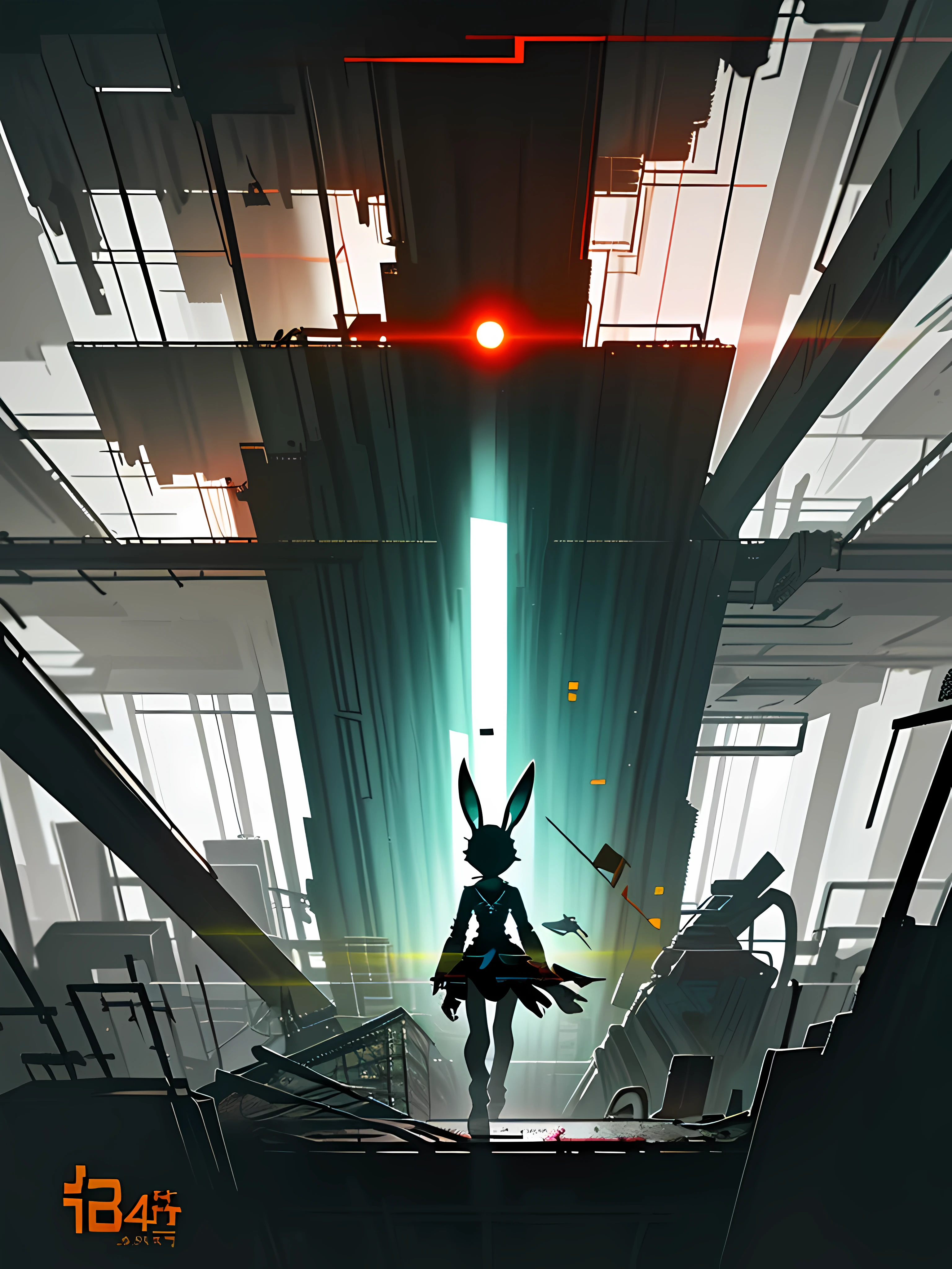 (blame! style abandoned tech landscape), (Zen, Amy Sol style), (underground, dark, foggy, perilous, abandoned dystopian apartment bedroom, deep windows), (abstract anthro rabbit figure wearing bunny ears), cover art with light abstraction, abstract, simple vector art, contemporary Cybernetic art, color gradients, soft color palettes, layered forms, whimsical animation, style Ethereal abstract, 4K, --v6