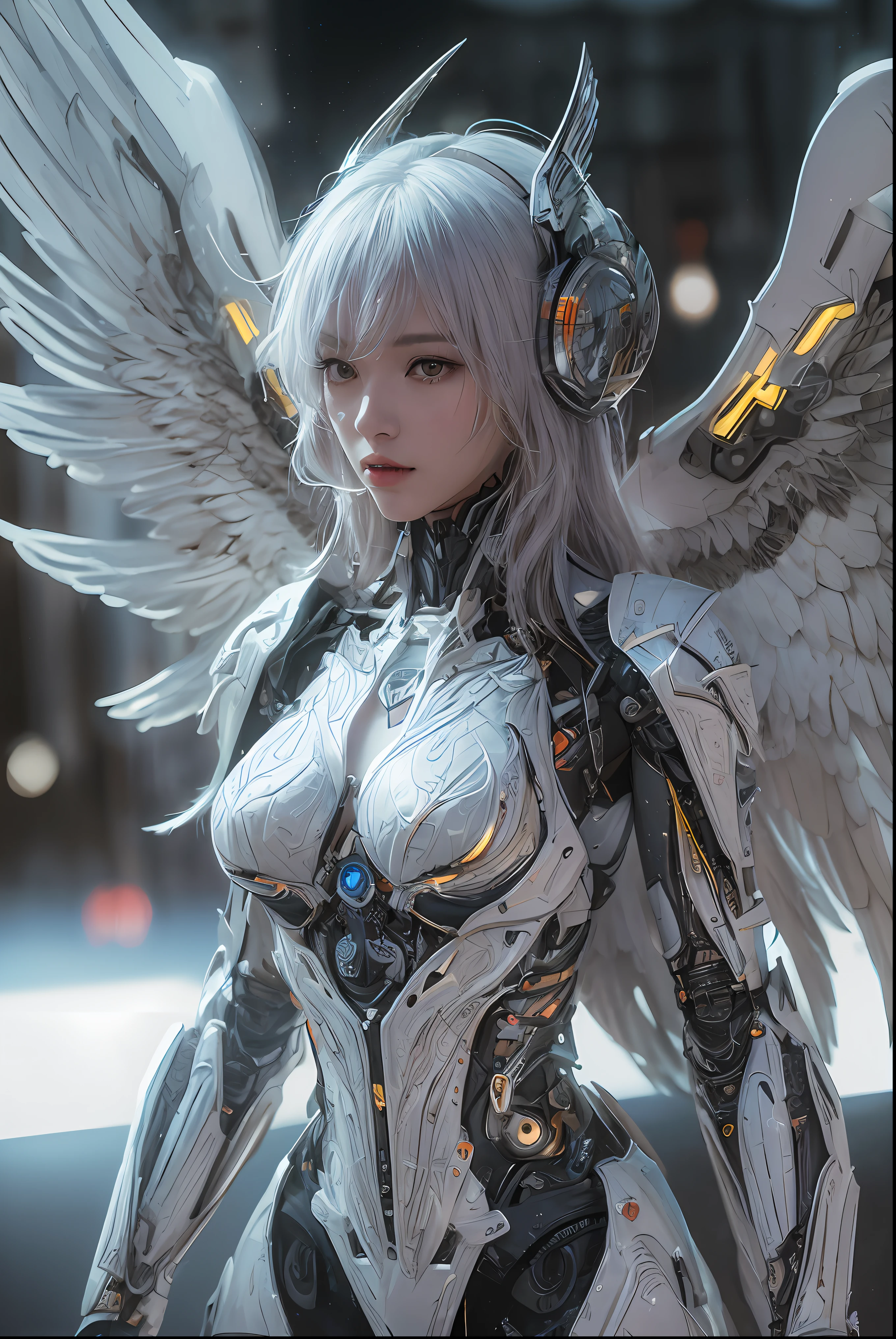 top-quality、​masterpiece、超A high resolution、(Photorealsitic:1.4)、Raw photo、Cyborg Angel、large wings made of metal、White porcelain body、white  hair、glowy skin、1 Cyborg Girl、((super realistic details))、portlate、globalillumination、Shadow、octan render、8K、ultrasharp、character edge light,Colossal tits、Raw skin is exposed in cleavage、Details of complex ornaments、Sumerian detailed hydraulic cylinders、Small LED lamp、highly intricate detail、Realistic light、a purple eye、radiant eyes、Facing the camera、neon details、cowboy  shot、Futuristic headgear、About Cyberpunk、、