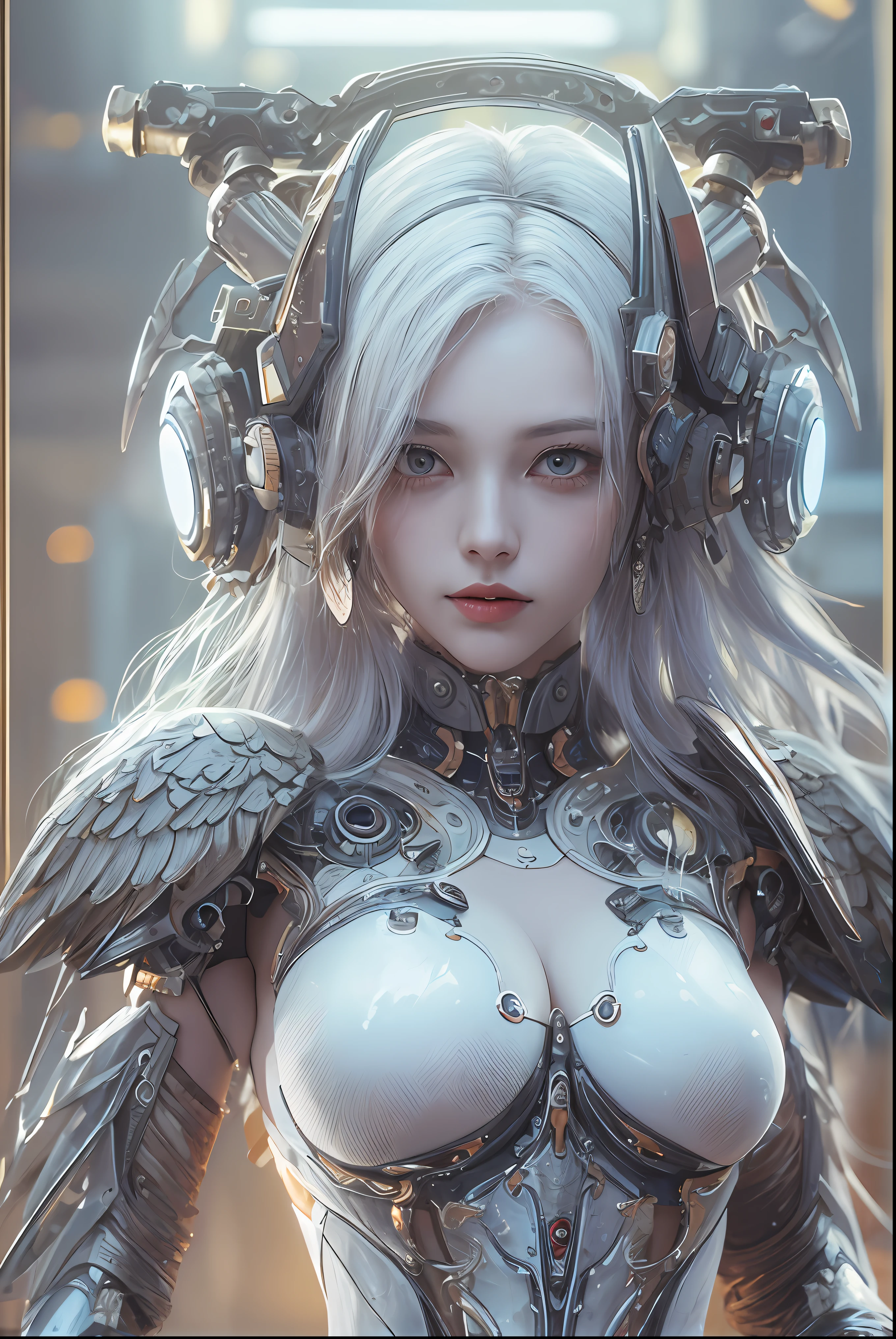 top-quality、​masterpiece、超A high resolution、(Photorealsitic:1.4)、Raw photo、Cyborg Angel、large wings made of metal、White porcelain body、white  hair、glowy skin、1 Cyborg Girl、((super realistic details))、portlate、globalillumination、Shadow、octan render、8K、ultrasharp、character edge light,Colossal tits、Raw skin is exposed in cleavage、Details of complex ornaments、Sumerian detailed hydraulic cylinders、Small LED lamp、highly intricate detail、Realistic light、a purple eye、radiant eyes、Facing the camera、neon details、cowboy  shot、Futuristic headgear、About Cyberpunk、、