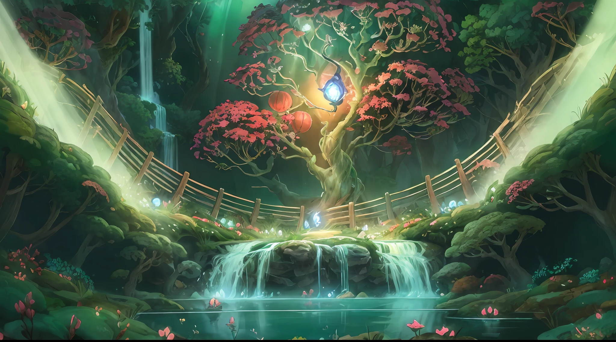 digitial painting, smooth, High quality, highly detailed sketch, magic, Flower Bridge, (Glowing balls:1.1) In the middle, (green forest:1.2), waterfallr, (spirit tree:1.1)