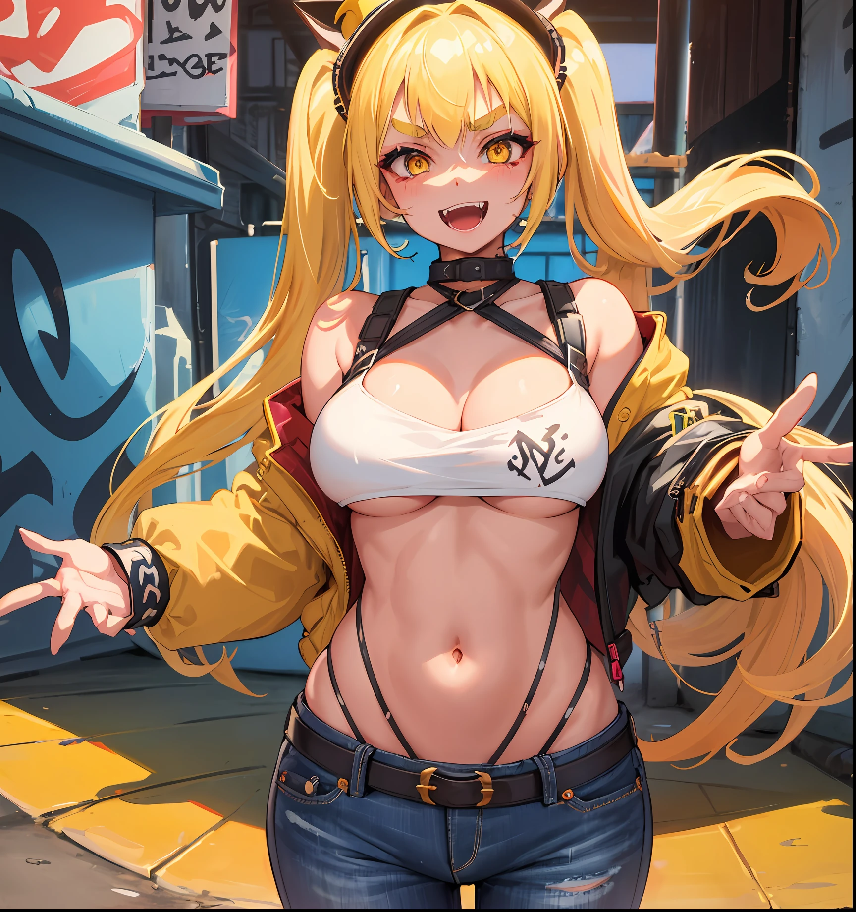 Original Character, Volumetric Lighting, Best Shadows, Shallow Depth of Field, Portrait Of Stunningly Beautiful Girl, Petite, Delicate Beautiful Attractive Face With Alluring Yellow Eyes, Messy Painted Face, Sharp Eyebrows, Broadly Smiling, Open Mouth, Fangs Out, Lovely Medium Breasts, Layered Long Twintail Blond Hair, Blush Eyeshadow, Thick Eyelashes, Applejack Hat, Oversized Pop Jacket, Mini Underboob Tee, Open Navel, Slim Waist, Denim Jeans Pants, With Buckle Belt, In The Graffiti Alley, Waste Container, Outside Stairs, Outdoor Unit, Holding Spray Paint Can, Standing, (Highest Quality, Amazing Details:1.25), (Solo:1.3), Brilliant Colorful Paintings