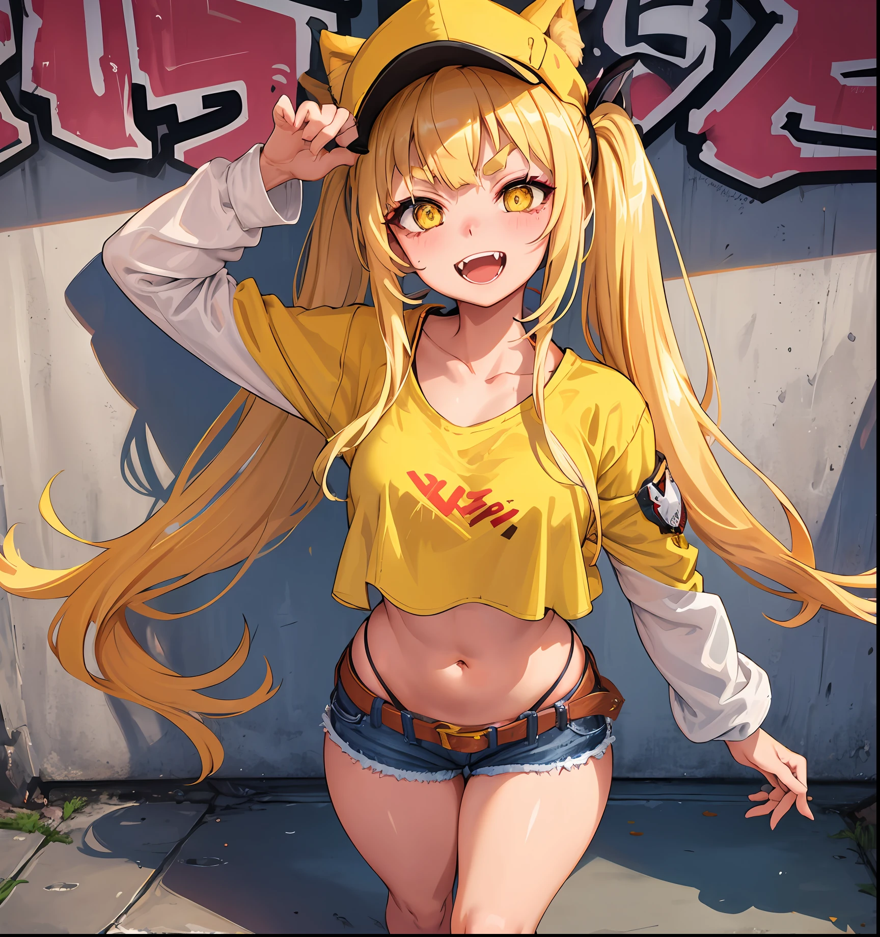 Original Character, Volumetric Lighting, Best Shadows, Shallow Depth of Field, Portrait Of Stunningly Beautiful Girl, Petite, Delicate Beautiful Attractive Face With Alluring Yellow Eyes, Messy Painted Face, Sharp Eyebrows, Broadly Smiling, Open Mouth, Fangs Out, Lovely Medium Breasts, Layered Long Twintail Blond Hair, Blush Eyeshadow, Thick Eyelashes, Applejack Hat, Oversized Pop Jacket, Mini Underboob Tee, Open Navel, Slim Waist, Denim Jeans Pants, With Buckle Belt, In The Graffiti Alley, Waste Container, Outside Stairs, Outdoor Unit, Holding Spray Paint Can, Standing, (Highest Quality, Amazing Details:1.25), (Solo:1.3), Brilliant Colorful Paintings