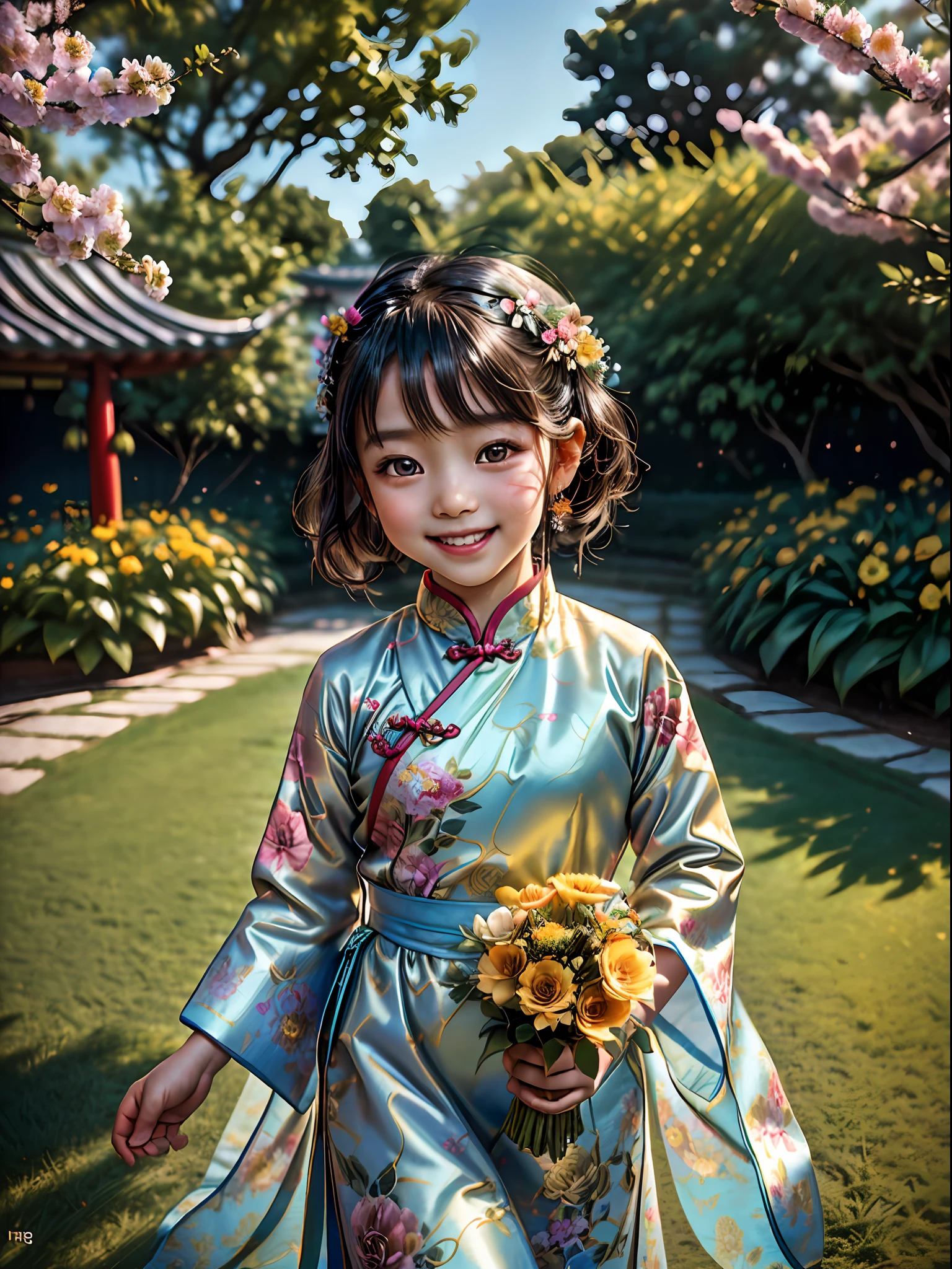 (masterpiece, high resolution, photo-realistic:1.3), (portrait of a 7--old nese child dd in a beautiful and ornate Qipao:1.2), (her clear honey-colored eyes filled with curiosity:1.2), (flawless complexion radiating innocence:1.1), (short and neat hair framing her adorable face:1.1), (Sony Alpha 1 camera, perfect for capturing exquisite details in portraits:1.2), (paired with the Sony FE 50mm f/1.4 G Master lens:1.2), (playfully exploring a vibrant and lively flower-filled garden:1.1), (colorful blooms in full bloom all around:1.1), (a sense of joy and wonder captured in her expression:1.1), (the camera and lens combination ensuring impeccable clarity and sharpness:1.1), (the Qipao adorned with intricate patterns and vibrant colors:1.1), (the child's attire reflecting cultural richness:1.1), (a picturesque garden setting with an array of flowers:1.1), (gentle sunlight casting a warm glow on her:1.1), (a serene and harmonious scene celebrating nature and childhood:1.1), (the Sony FE 50mm f/1.4 G Master lens creating a pleasing background blur:1.1), (a portrayal of youthful innocence and cultural heritage:1.1), (the child's captivating smile radiating happiness:1.1), (a moment frozen in time, capturing the beauty of childhood:1.1), (the camera's high-speed capabilities capturing candid moments effortlessly:1.1), (the vibrant colors of the garden complementing the child's attire:1.1), (a heartwarming image of a child's playful nature in a blossoming garden:1.1).