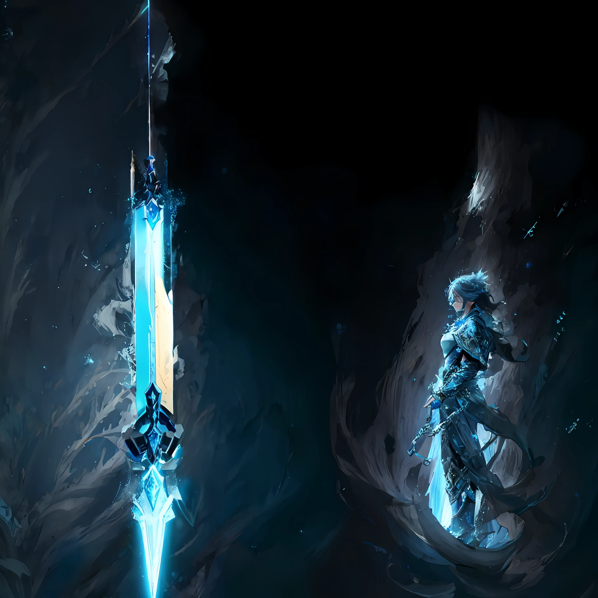 In the darkness there is a sword, a spear，The spear has a surrounding sea water on it, 8k hd wallpaperjpeg artifact, 8k hd wallpaperjpeg artifact, warcraft blizzard weapon art, wallpaper splash art promo art, Glowing sword, league of legends arcane, arcane concept art, Ice Mage, glowing sword in hand, League of Legends concept art, Ice crystal armor，