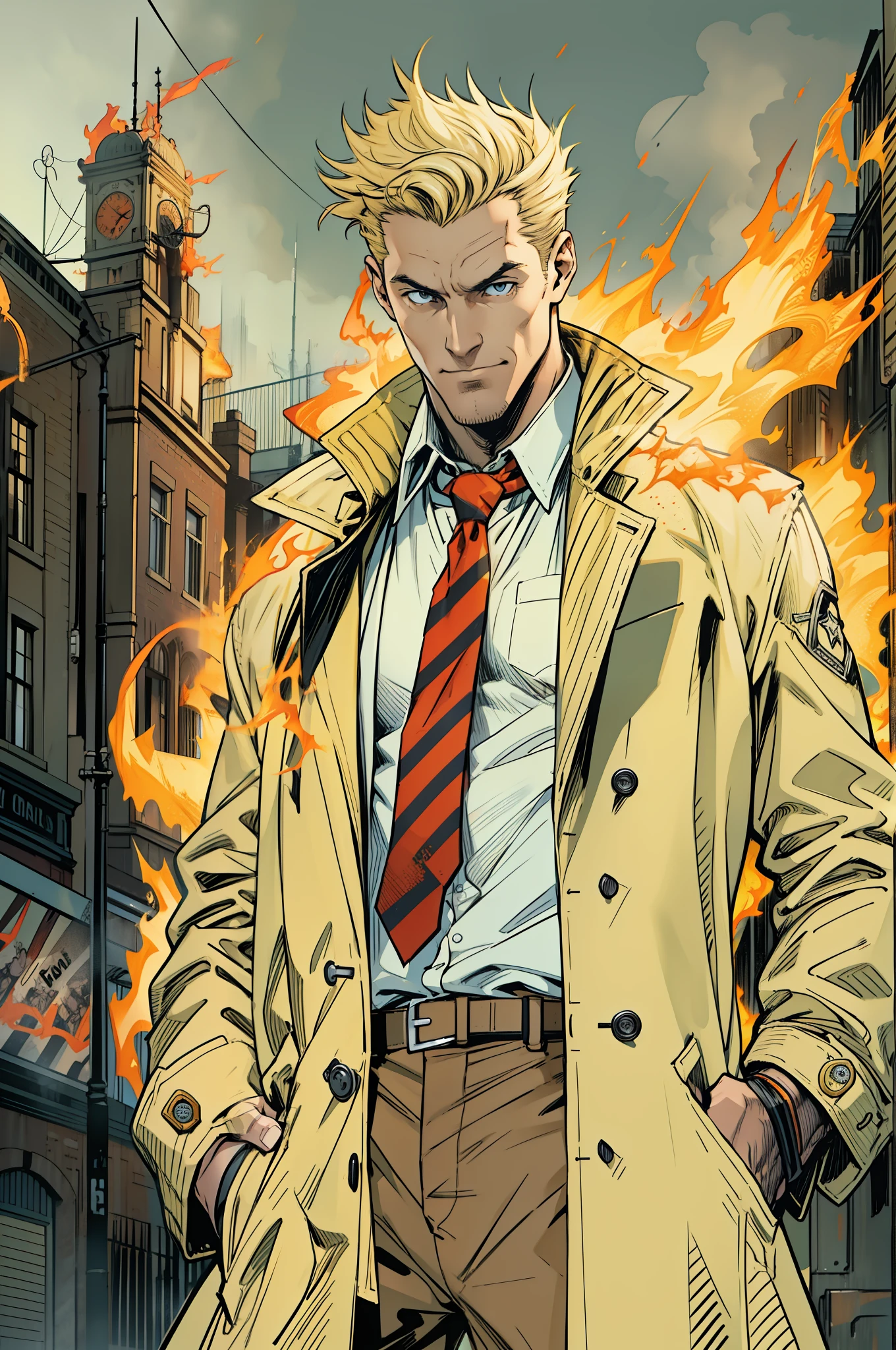 1 man, solo, John Constantine, British man, tall, fit muscle, big baggy faded plain yellow trench coat, loose long red tie, loose untidy white shirt, black trousers, making a fireball out of his right hand, smirks, light blond hair, crew cut hair style, hades style fire, dark Liverpool street in the background, best quality, 4k, upper body shot, wallpaper