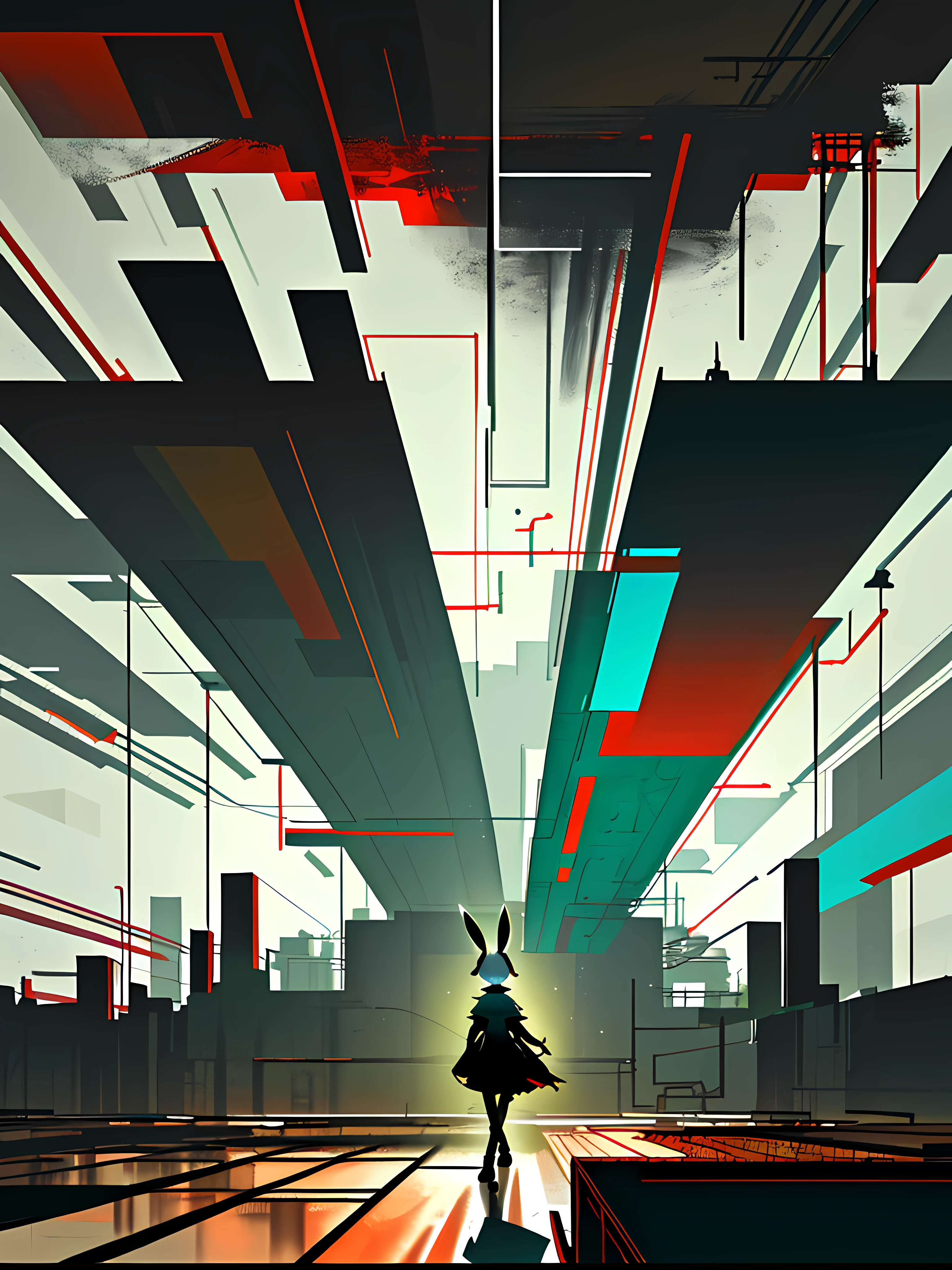 (blame! style abandoned tech landscape), (Zen, Amy Sol style), (underground, dark, foggy, perilous, abandoned dystopian apartment bedroom, deep windows), (abstract anthro rabbit figure wearing bunny ears), cover art with light abstraction, abstract, simple vector art, contemporary Cybernetic art, color gradients, soft color palettes, layered forms, whimsical animation, style Ethereal abstract, 4K, --v6
