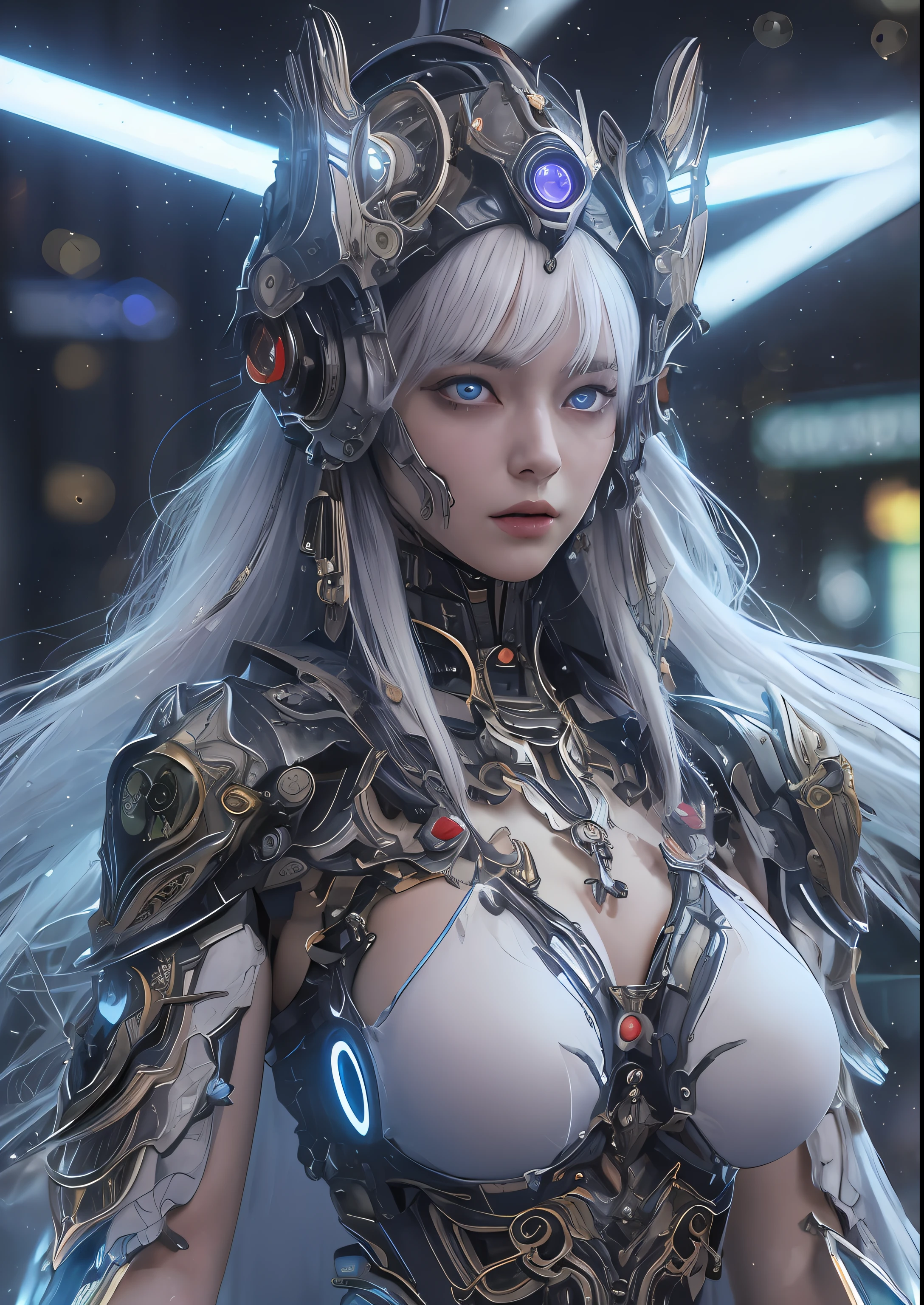top-quality、masterpiece、超A high resolution、(Photorealsitic:1.4)、Raw photo、Cyborg Angel、large wings made of metal、White porcelain body、white hair、glowy skin、1 Cyborg Girl、((super realistic details))、portlate、globalillumination、Shadow、octan render、8K、ultrasharp、character edge light,Colossal tits、Raw skin is exposed in cleavage、Details of complex ornaments、Sumerian detailed hydraulic cylinders、Small LED lamp、highly intricate detail、Realistic light、a purple eye、radiant eyes、Facing the camera、neon details、cowboy shot、Futuristic headgear、About Cyberpunk、、