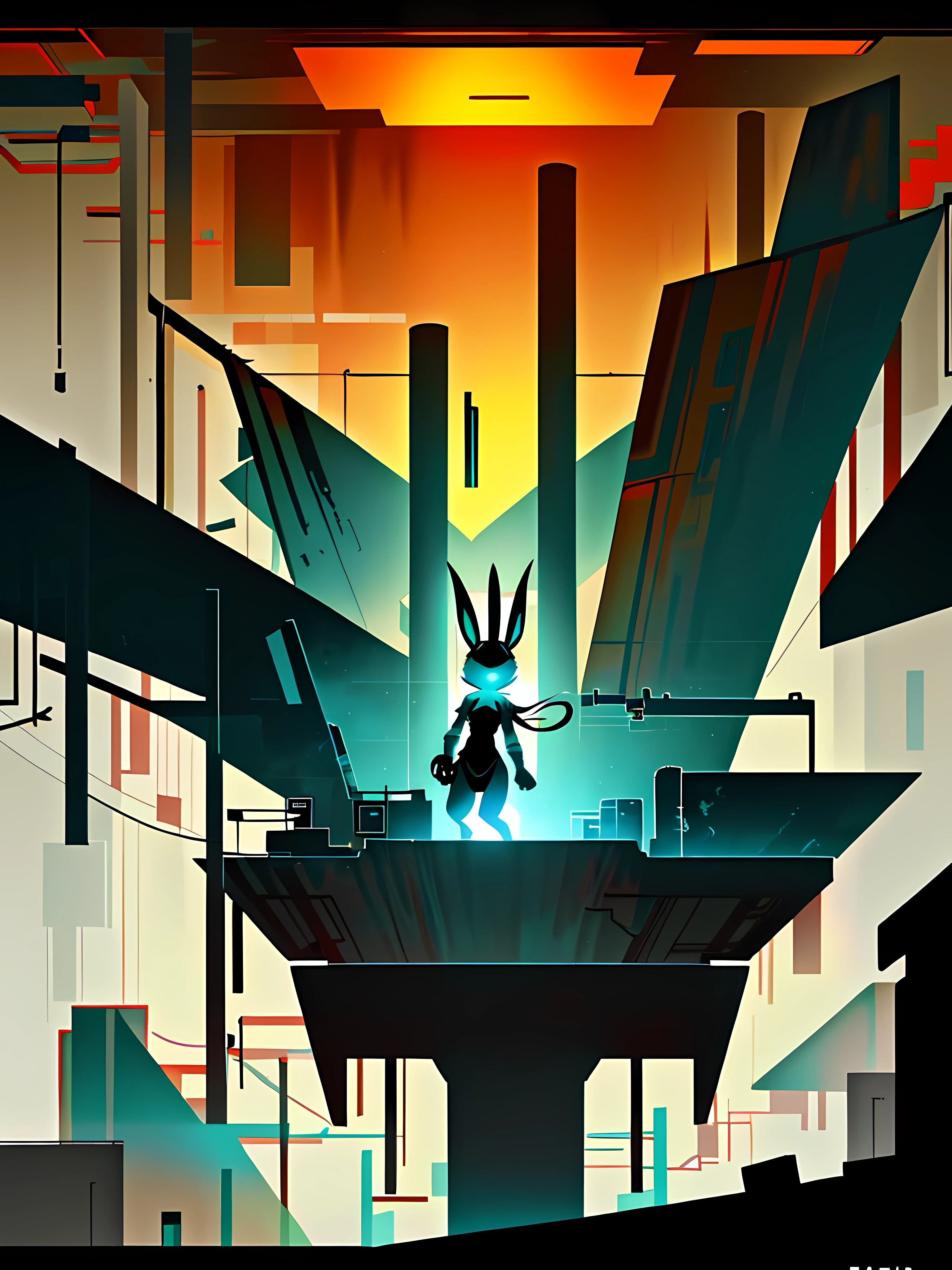(blame! style abandoned tech landscape), (Zen, Amy Sol style), (underground, dark, foggy, perilous, abandoned dystopian apartment bedroom, deep windows), (abstract anthro rabbit figure wearing bunny ears), cover art with light abstraction, abstract, simple vector art, contemporary Cybernetic art, color gradients, soft color palettes, layered forms, whimsical animation, style Ethereal abstract, 4K, --v6