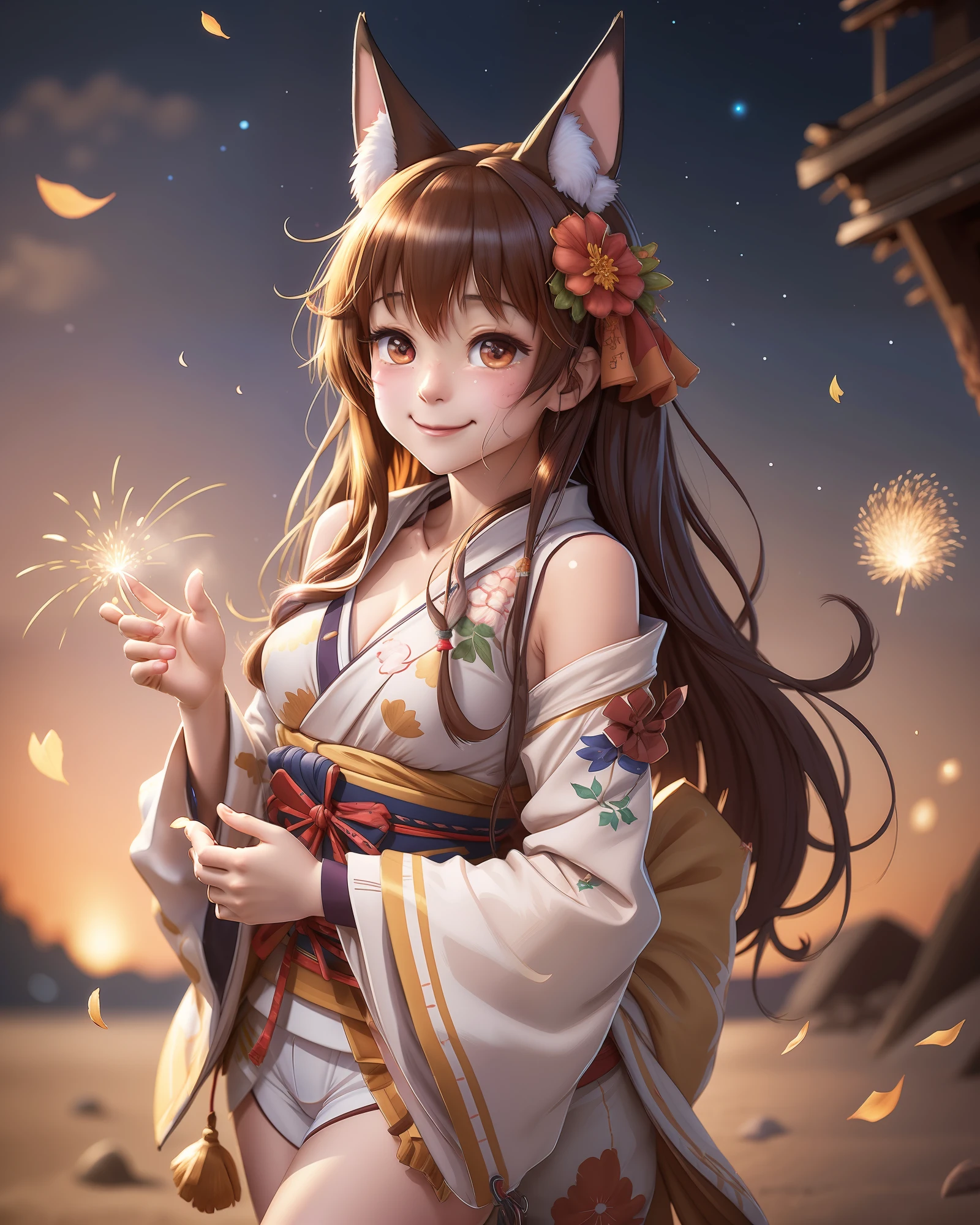 nose blush,closed mouth,smile,drooling, looking at viewer, smiling, wearing traditional Japanese clothing, print kimono,obi,  sakura tree, petals falling,  confident expression,aerial fireworks,night sky,floral print, starry sky, tanabata,wide sleeves,glowing eyes,steam, holding fireworks,steaming_body ,fox mask, collarbone, 

(8k, RAW photo,ultra-detailed, intricate details, best quality,illustration,highres, best quality, masterpiece),(solo,1girl, cowboy shot),   professional lighting, photon mapping, radiosity, physically-based rendering,on the beach,fox tail, fox girl, glint,hair covering ears,fox ears, ahegao, 
oguri cap \(umamusume\),