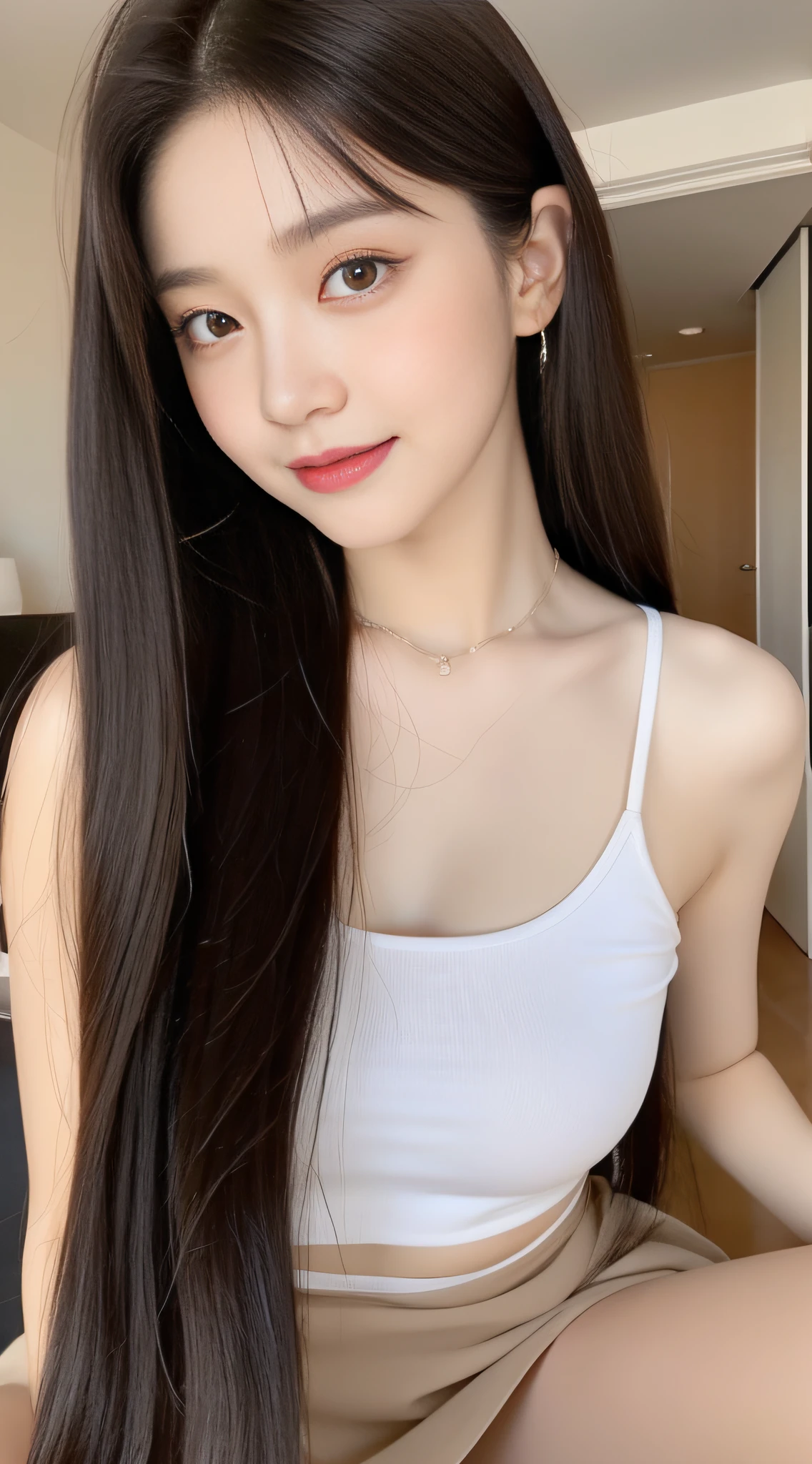 1girll,,adolable,ssmile,Delicate eyes,light make-up,15-year-old cute Korean,big round breasts,,cropped tank top,a skirt,beautiful eyes in detail,eyeslashes,beautiful double eyelid,eye shadows,dropping eyes,Cut off the eyes,thin beautiful thighs,Beautiful thin legs,Perfect eye makeup,High-rise hotel, Sunset Line,Night view from the window, Glass-walled room,Kneel on a large bed,Brown hair