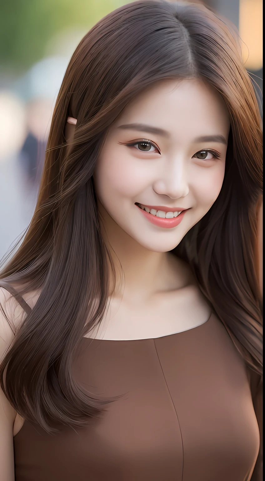 ((Best quality, 8k, Masterpiece :1.3)), 1girl, smiling, full body, slim face, Pretty woman, (Dark brown hair), full length dress :1.1, Ultra-detailed face, Detailed eyes, Double eyelid, blur background, slim face, city, outside, street,