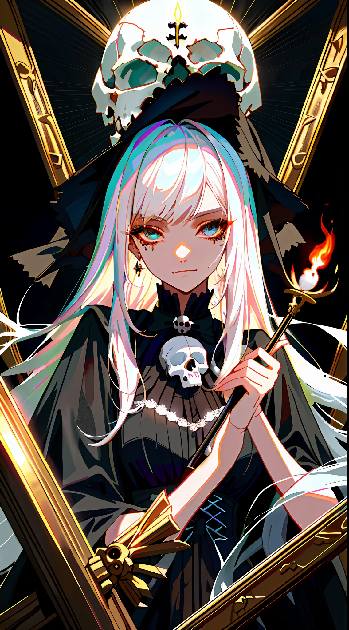 （tmasterpiece，best qualtiy）， 独奏，A white-haired woman holds a candle，anime skull portrait woman,beautiful necromancer girl，beautiful girl necromancer，，Smoky, Flowing white hair，Harsh eyes，paleskin，black eyeshadows，Black blood and tears，Two fangs，Gothic shoujo anime characters，beautiful necromancer，gothic fantasy art，dark fantasy style art, White-haired god,Retrato de um necromante feminino，necromante feminino，goddess of death，dark moody lighting，with light glowing，mistic，magical，edge lit