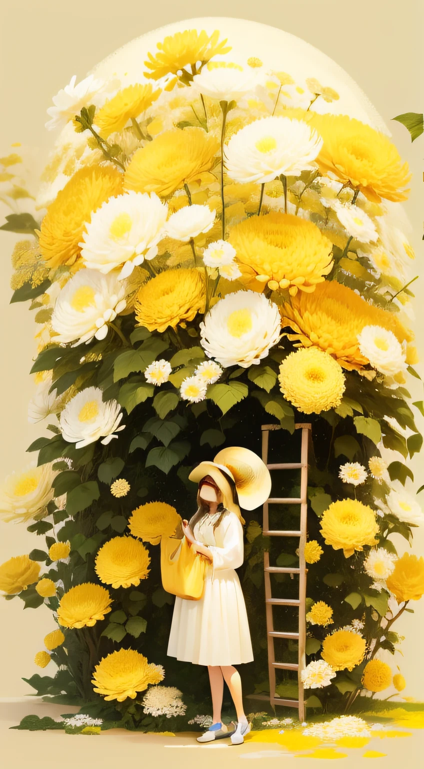 White and yellow chrysanthemum bushes，A woman stands under a bush of flowers，There is also a ladder on the side