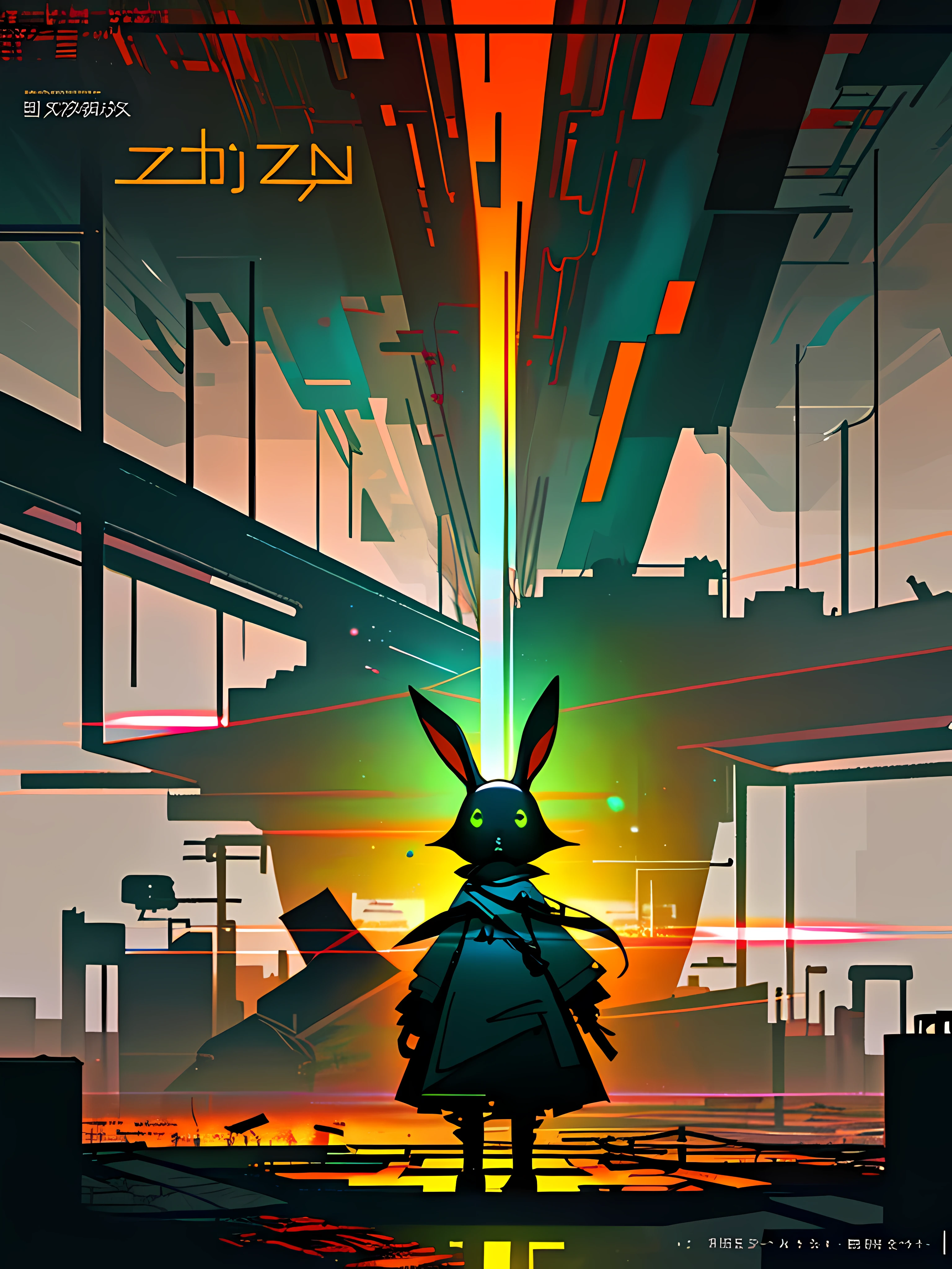 (blame! style abandoned tech landscape), (Zen, Amy Sol style), (underground, dark, foggy, perilous, abandoned dystopian apartment bedroom, deep windows), (abstract anthro rabbit figure wearing bunny ears), cover art with light abstraction, abstract, simple vector art, contemporary Cybernetic art, color gradients, soft color palettes, layered forms, whimsical animation, style Ethereal abstract, 4K, --v6