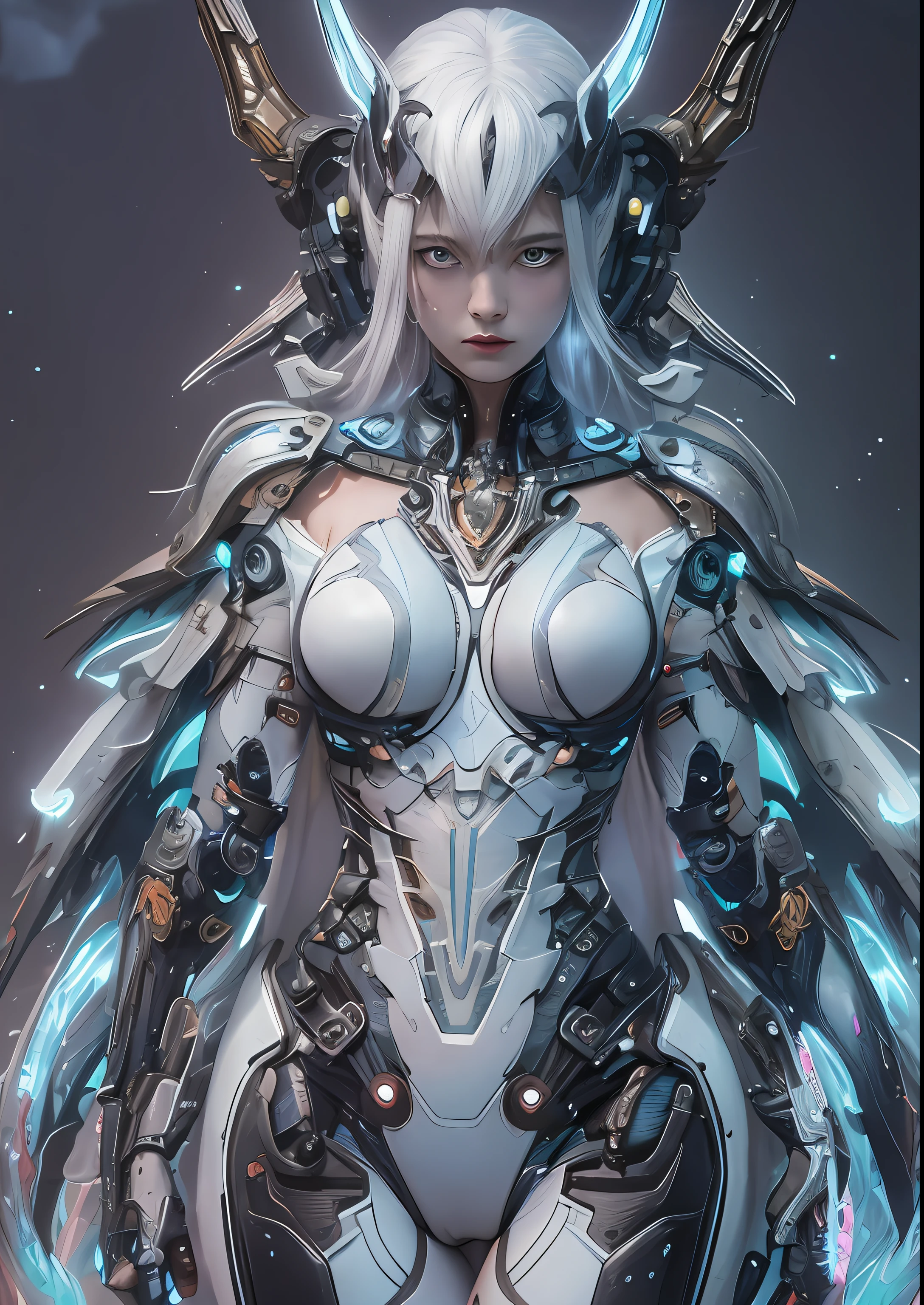 top-quality、masterpiece、超A high resolution、(Photorealsitic:1.4)、Raw photo、Cyborg Angel、large wings made of metal、White porcelain body、white hair、glowy skin、1 Cyborg Girl、((super realistic details))、portlate、globalillumination、Shadow、octan render、8K、ultrasharp、character edge light,Colossal tits、Raw skin is exposed in cleavage、Details of complex ornaments、Sumerian detailed hydraulic cylinders、Small LED lamp、highly intricate detail、Realistic light、a purple eye、radiant eyes、Facing the camera、neon details、cowboy shot、Futuristic headgear、About Cyberpunk、、