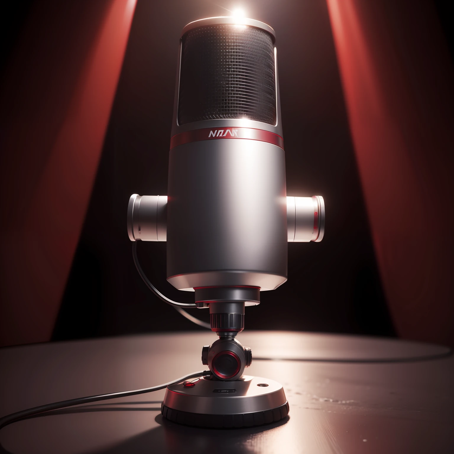 On the front is a silver microphone，Dark red background，Front view，Perfect quality，Clear focus