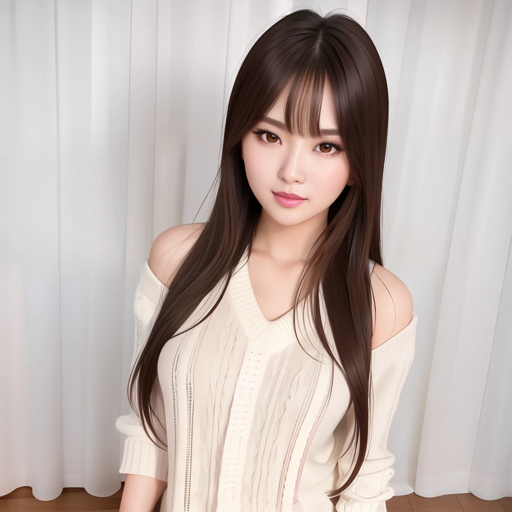 photo of (raw photo:1.2), (photorealistic:1.4), (Kpop idol), korean, beautiful, shiny skin, oil skin, white skin, whiter skin, long hair, (((full body shot))), (((virgin killer sweater))), brown eyes, brown hair, light smile, looking at viewer, curtain background,pink lips, lips with lipstick,light blush, parted lips, bigger eyes,brown eyes, sitting beside bed,