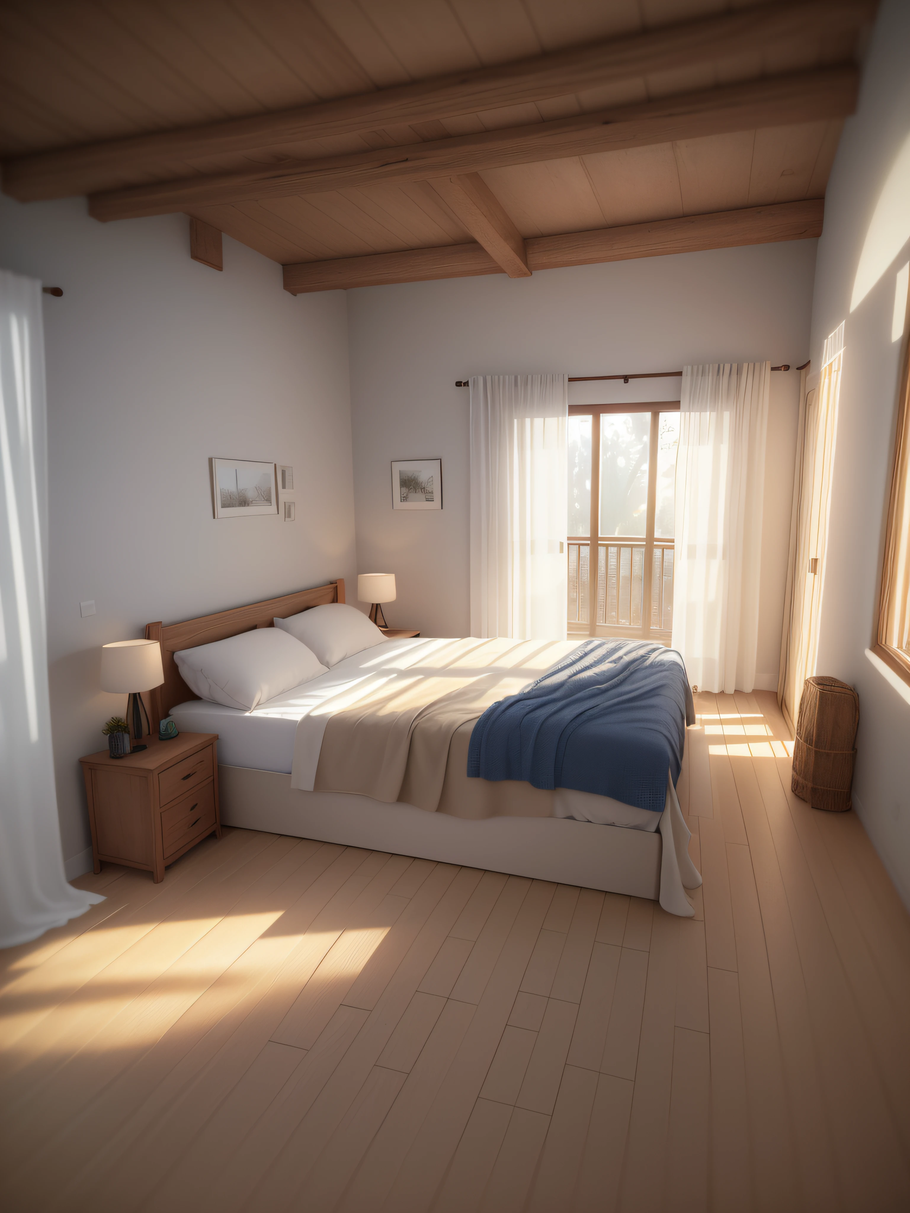 Bohoai room, eye height 1.65, look at the horizon, camera angle in 40°, masterpiece, photorealism, best quality, soft lights, neutral tones, wooden floor, bed, headboard, iron window overlooking forest, fuzzy white carpet under the bed, single bed, wall behind the bed in dark blue and other walls in white, beige sheets, render, vray render, reality, great lighting, natural lighting, biophilia, neuroarchitecture, blank ceiling, messy bed, interior design, award-winning environment, high quality, fine details, extremely realistic, unreal engine, vray, light calculation by folding, extremely detailed, ultrarealistic, realistic vray
