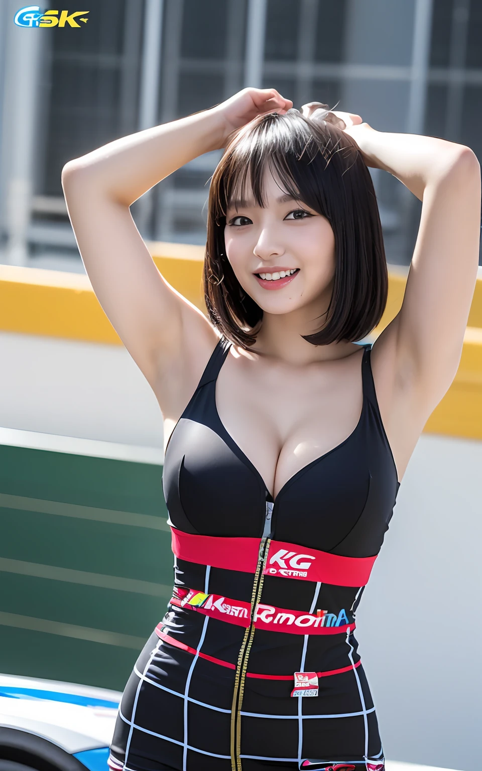 the Extremely Detailed CG Unity 8K Wallpapers, Best Quality, Ultra-detailed, masutepiece, Realistic, photos realistic, extremely detailed cute girl, 25-years old, 
(Wearing a grid girl costume with sponsor's logo printed on it:1.3),  , (Stand in a motorsport race),  (cleavage), (Armpit:1.2), blush , Half body shot , bob cuts