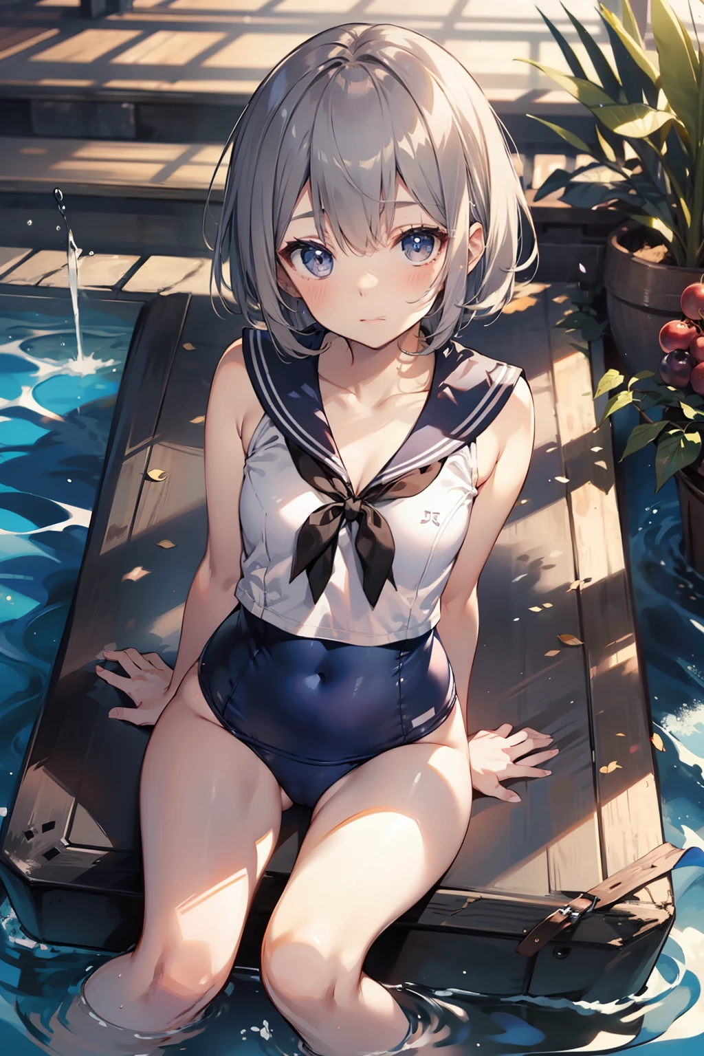 high-level image quality、top-quality、Detailed drawing、Does not blush cheeks、Slender adult beauty、Sailor School Swimsuit、Small eyes、Smaller chest、Inner thigh-sitting、Petanko sitting、Gray hair berry shorthair