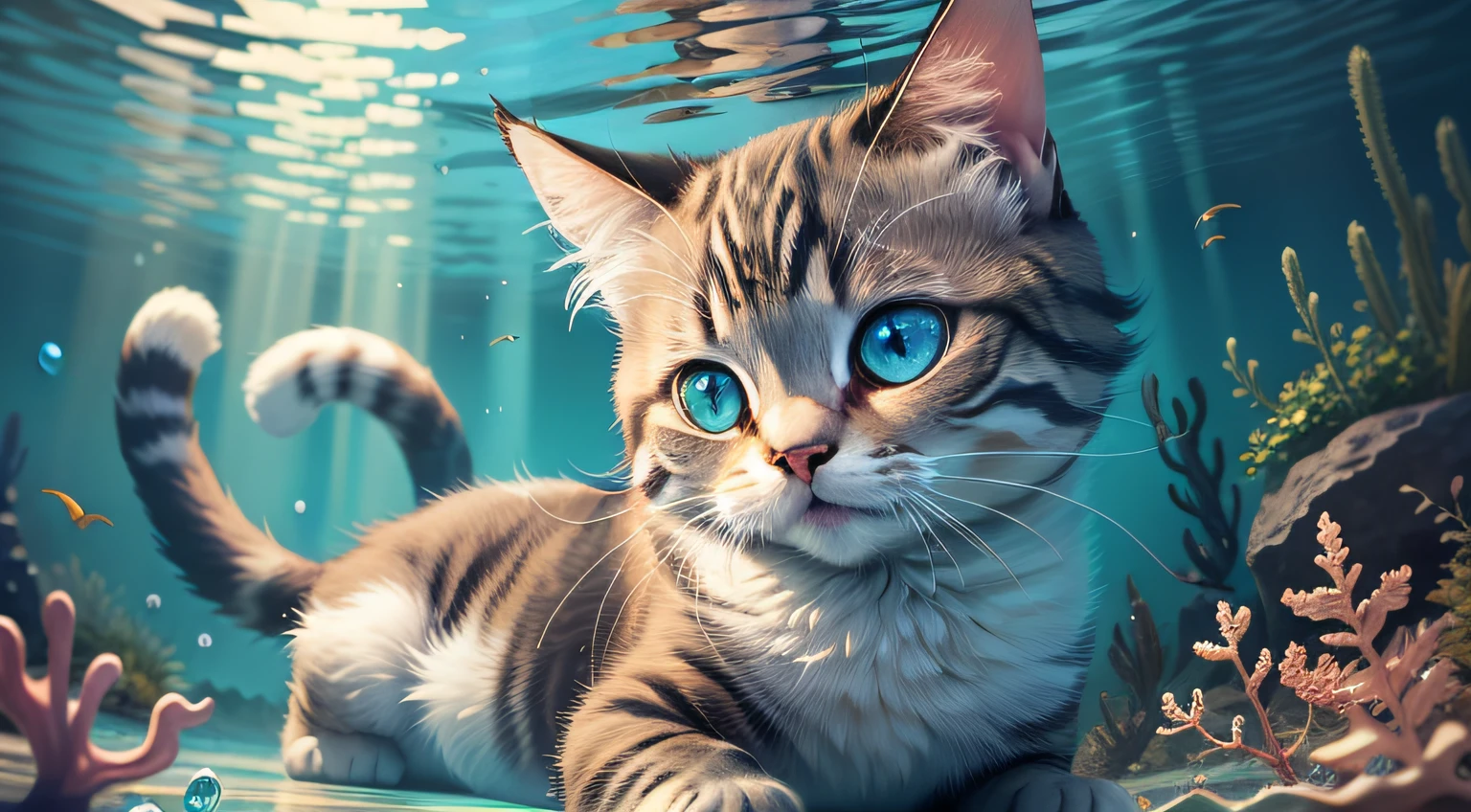 a cute cat swimming underwater,bright eyes,protrait,happy, fantasy,Bright colors