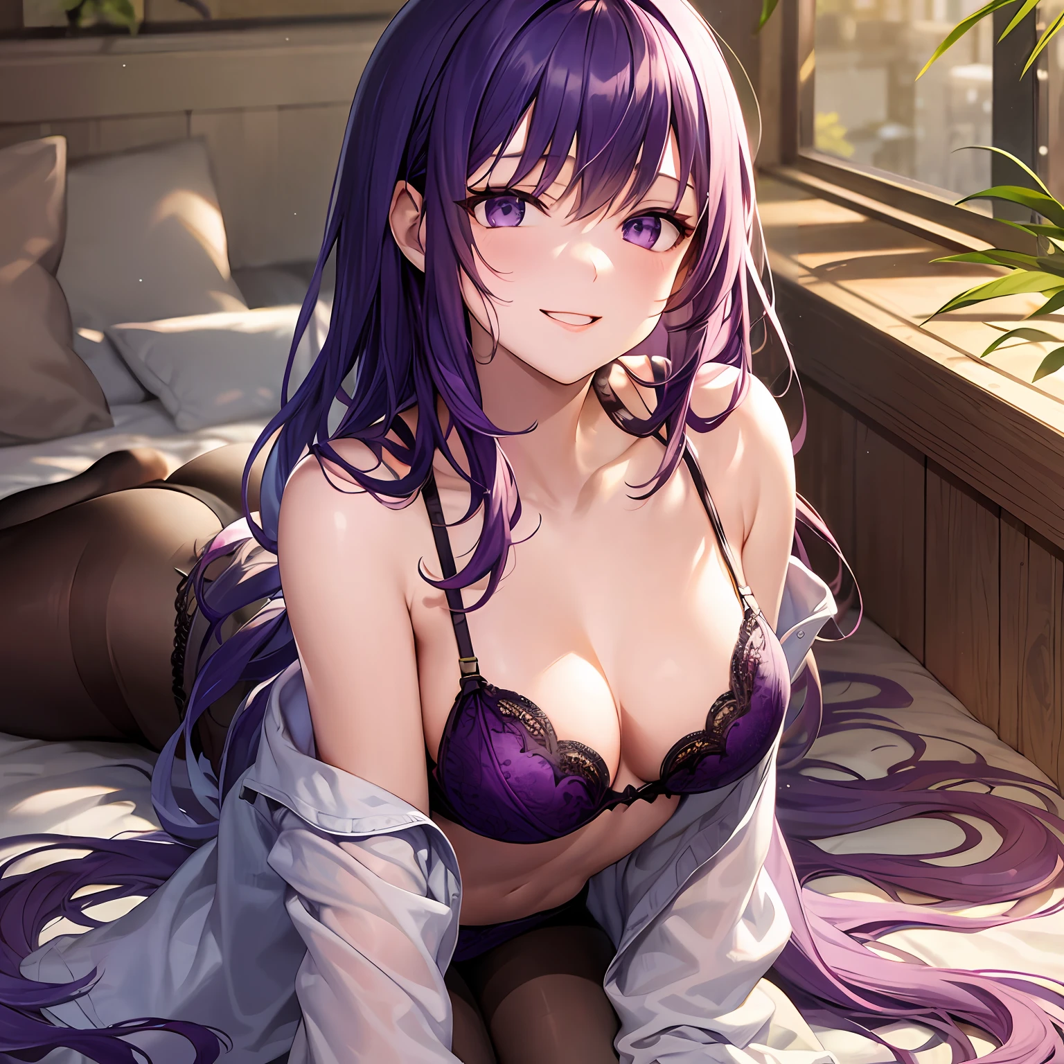 Purple hair,Masterpiece, top quality, high resolution, solo, loose hair, small breasts, indoors, misaligned bra, lingerie (range: 1.2), close focus, pantyhose, lying down, top, very_long_hair, bed, shaggy boyshorts, pantyhose, heavy breathing, sexual expression invite, smiling