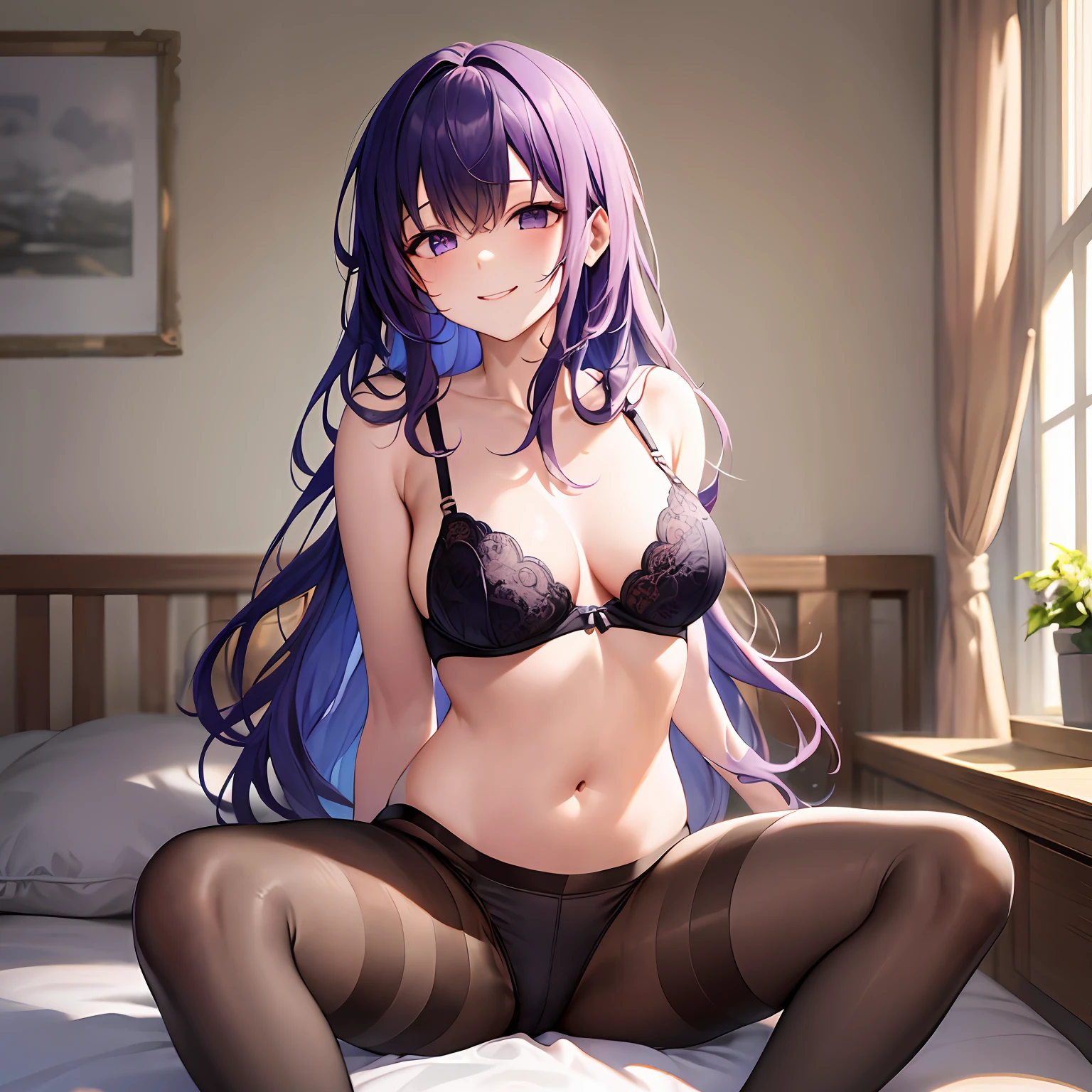 Purple hair,Masterpiece, top quality, high resolution, solo, loose hair, small breasts, indoors, misaligned bra, lingerie (range: 1.2), close focus, pantyhose, lying down, top, very_long_hair, bed, shaggy boyshorts, pantyhose, heavy breathing, sexual expression invite, smiling