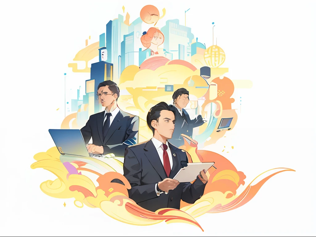 There are a lot of people wearing suits，Wearing a laptop tie, 2 0 2 0 s promotional art, promotional art, Official illustration, courful illustration, offcial art, promo art, Commercial illustration, professional illustrations, by Yang J, editorialillustrations, Digital illustration, digital art of an elegant, full page illustration, Official artwork, A beautiful artwork illustration