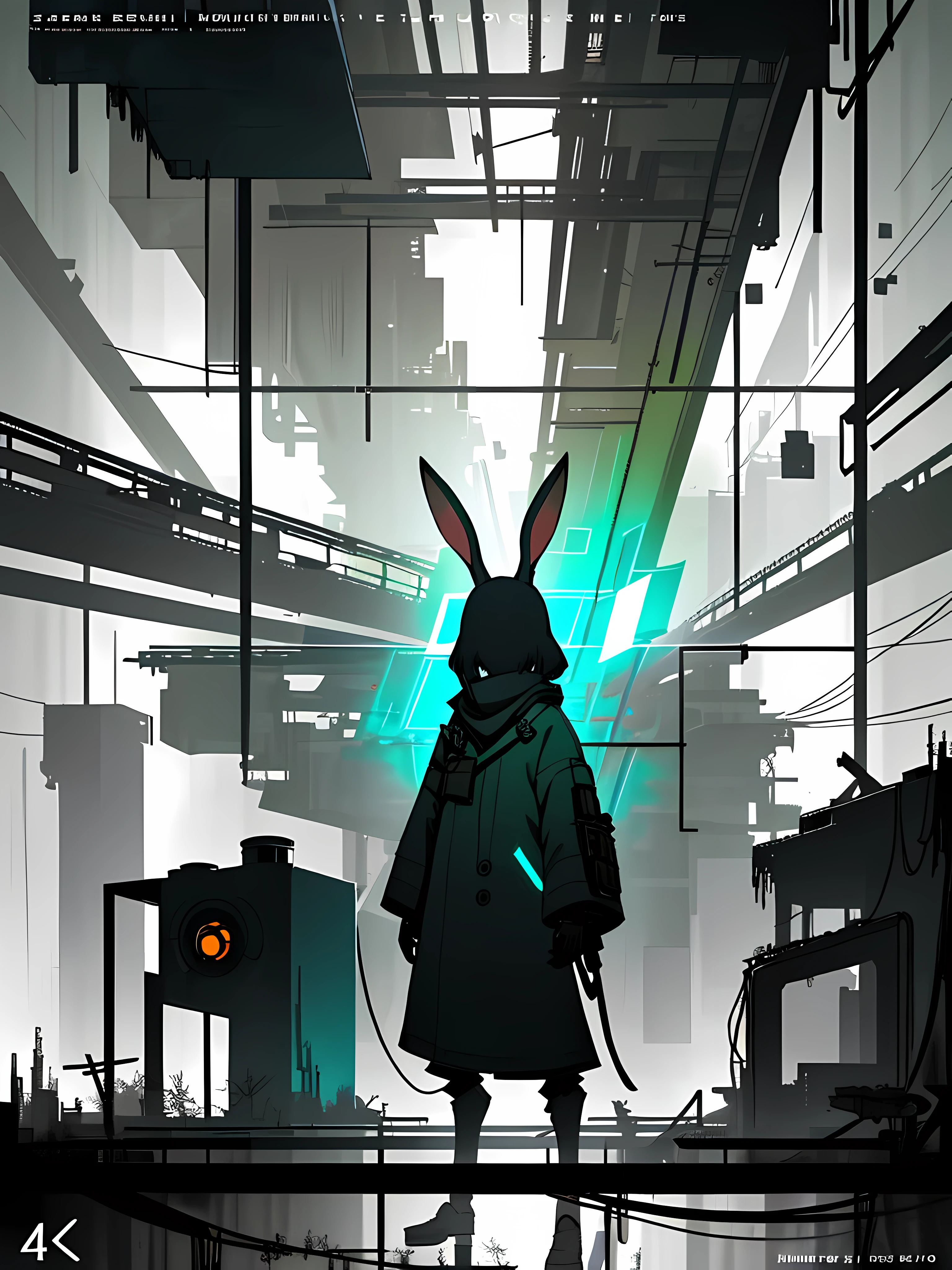 (blame! style abandoned tech landscape), (Zen, Amy Sol style), (underground, dark, foggy, perilous, abandoned dystopian apartment bedroom, deep windows), (abstract anthro rabbit figure wearing bunny ears), cover art with light abstraction, abstract, simple vector art, contemporary Cybernetic art, color gradients, soft color palettes, layered forms, whimsical animation, style Ethereal abstract, 4K, --v6