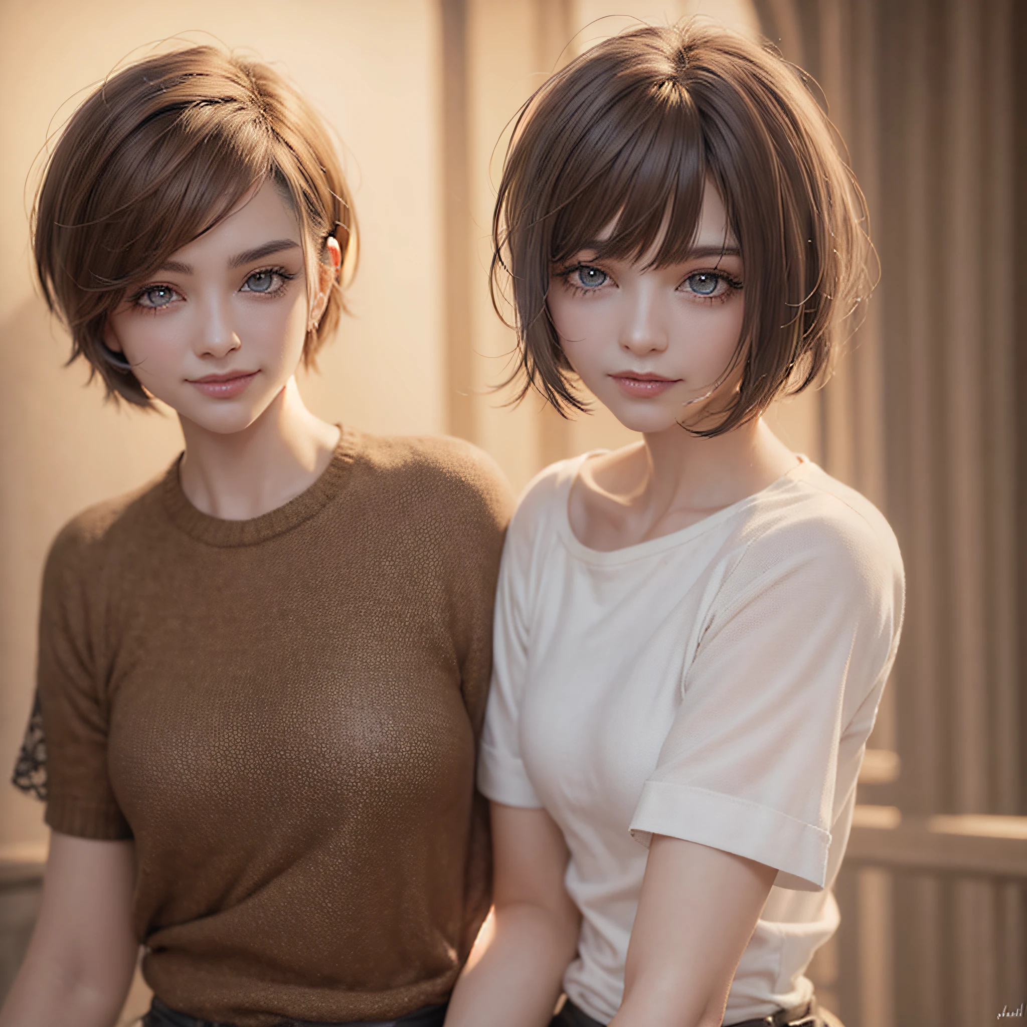 brown short cut hair, smile,